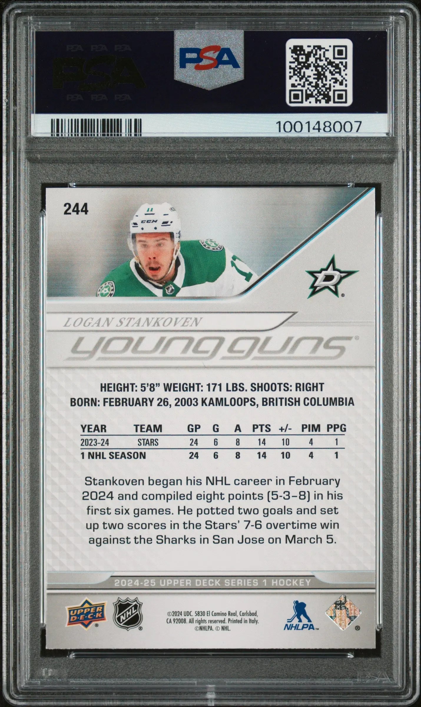 2024 Upper Deck Series 1 Hockey Logan Stankoven Young Guns PSA 10 Graded Rookie Card - Perfect for Collectors, Investors & Hockey Fans