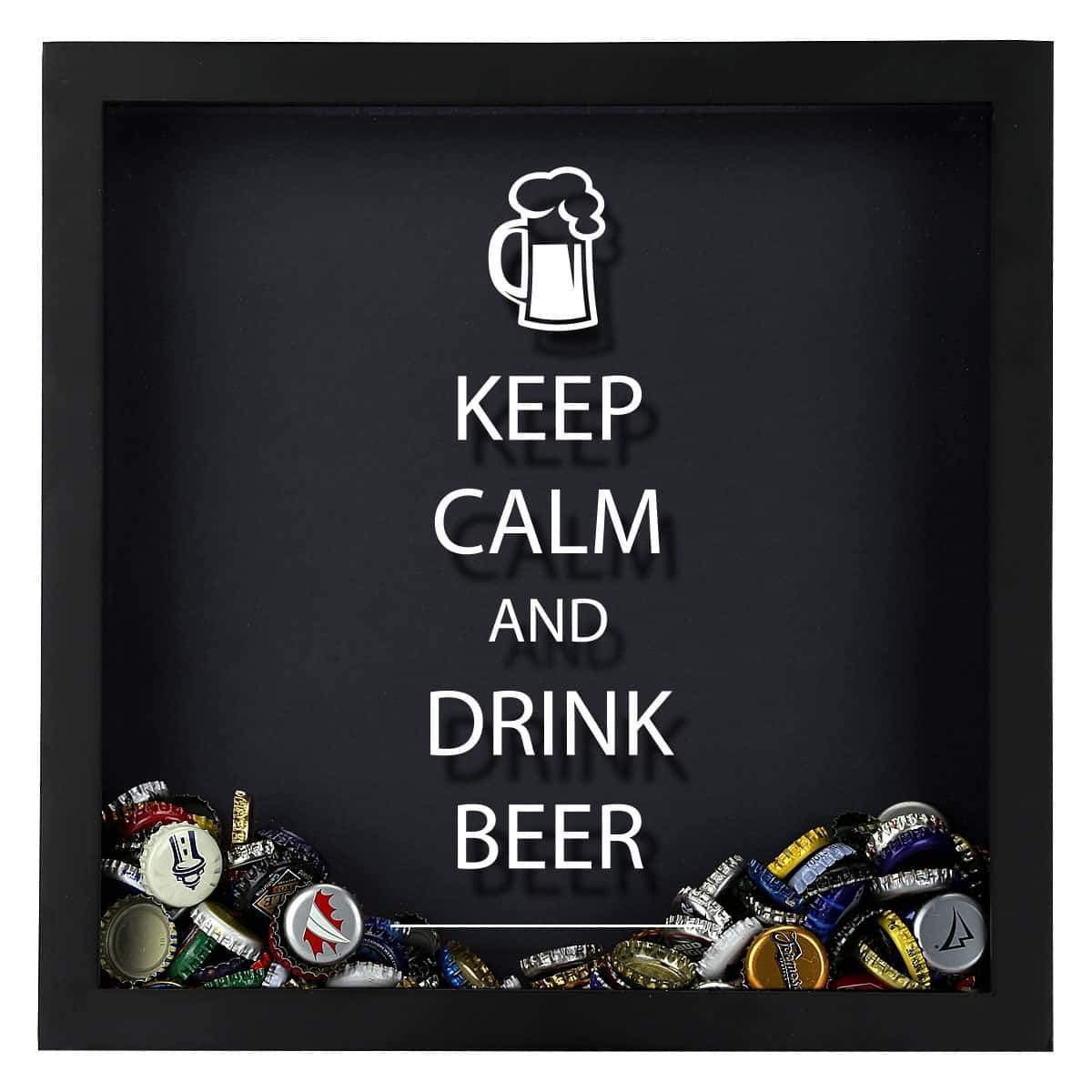 Torched Keep Calm Drink Beer Cap Shadow Box - Wall Mounted Display Case Frame for Beer Bottle Caps - Perfect Gift for Beer Lovers & Collectors - Ideal for Man Cave, Bar Decor & Home Brewery Display