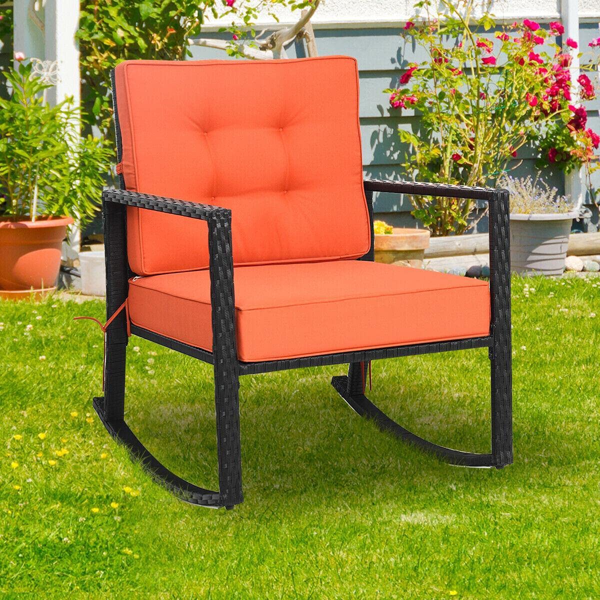 **Outdoor Rattan Rocking Chair with Cushion - Patio Glider Wicker Rocker for Lawn, Deck, Garden & Camping - Comfortable Mikalo Chair for Relaxing & Lounging**