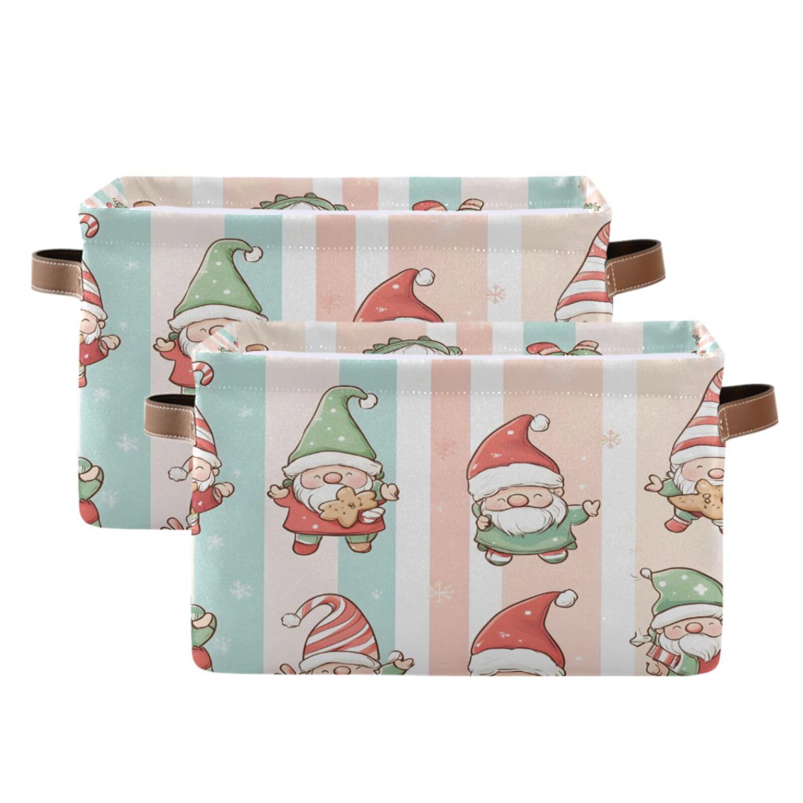 Collapsible Canvas Storage Baskets with Leather Handles - 2 Pack Rectangular Shelving Bins for Home Organization | Christmas Gnome Decor for Bedroom, Closet & Living Room Storage Solutions