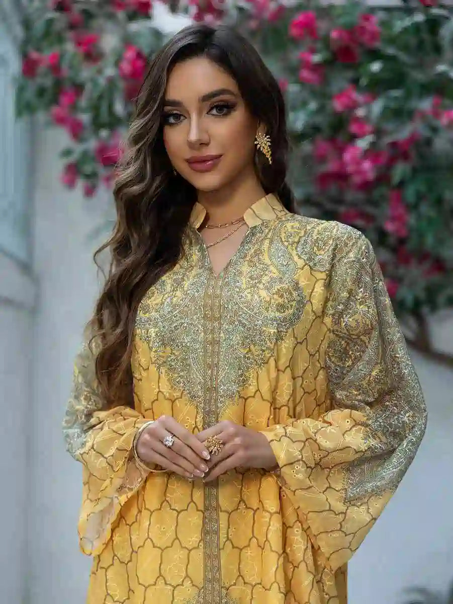 Elegant Hotfix Rhinestone Embroidery Caftan Dress for Women - Perfect for Eid Celebrations, Weddings & Special Occasions | Style #25450