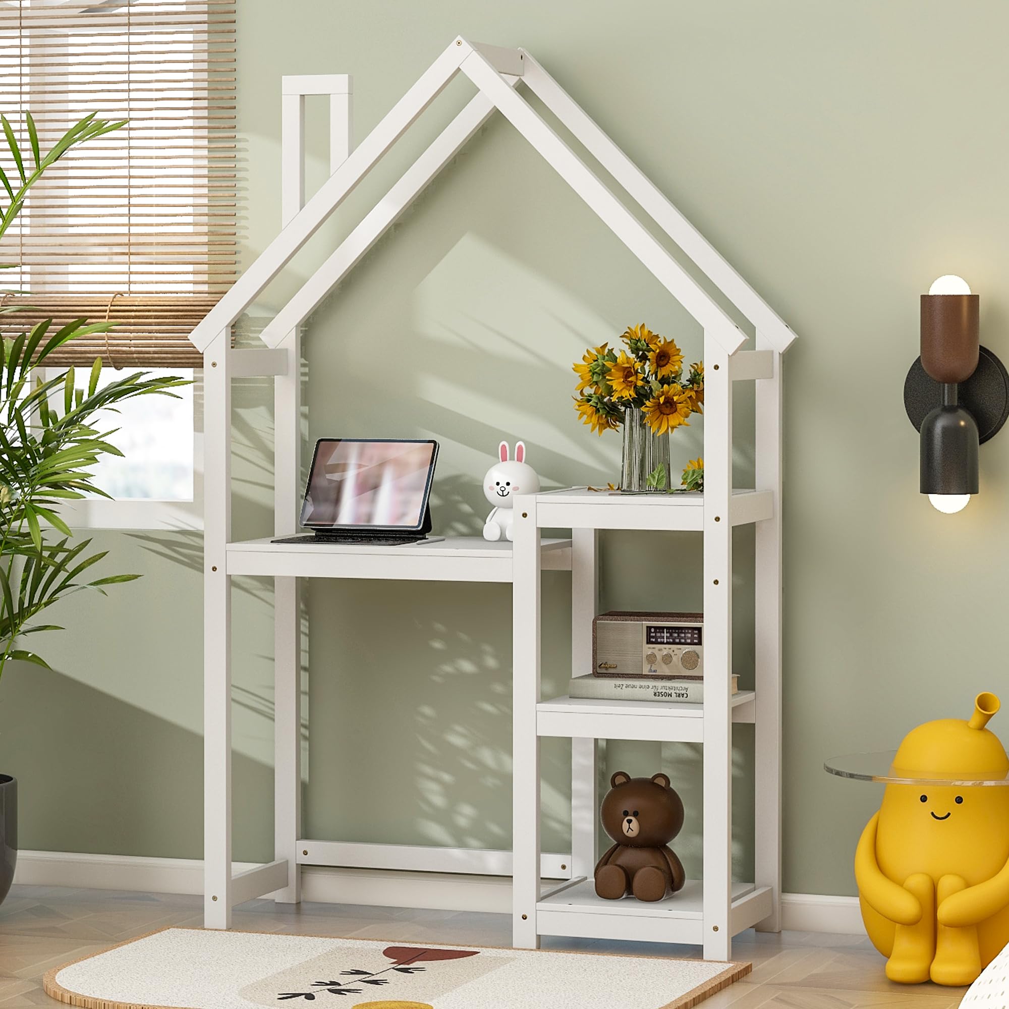 Kids Wooden House-Shaped Writing Desk - Multi-Functional Study Table with 3-Tier Storage Shelves, Open Bookshelf & Toy Organizer - Perfect for Bedroom, Playroom & Homeschooling (White)