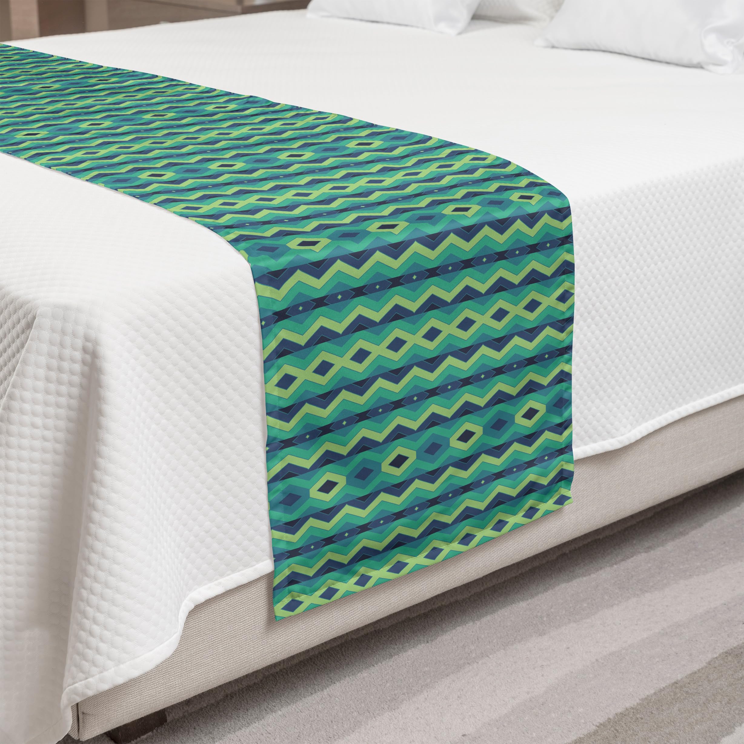 Ambesonne Chevron Bed Runner - Vintage Geometric Abstract Design with Zigzag Stripes, Decorative Accent Bedding Scarf for Hotels, Homes & Guestrooms - Pale Green & Sea Green - Perfect for Bedroom Decor, Sofa Throw or Table Runner