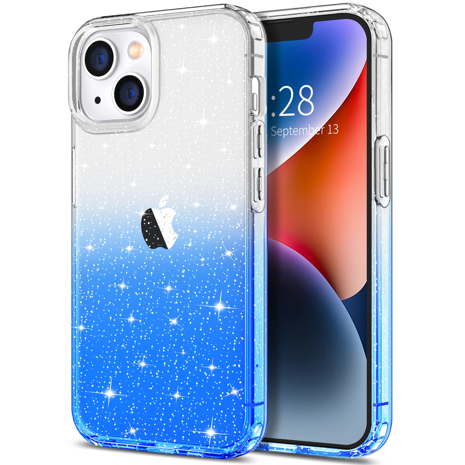 Hython Sparkly Glitter Case for iPhone 14 Plus - Cute Clear Shiny Bling TPU Cover with Gradient Blue Design | Anti-Scratch, Shockproof & Slim Fit Protective Phone Case for Women & Girls | Perfect for Parties, Daily Use & Gift Giving