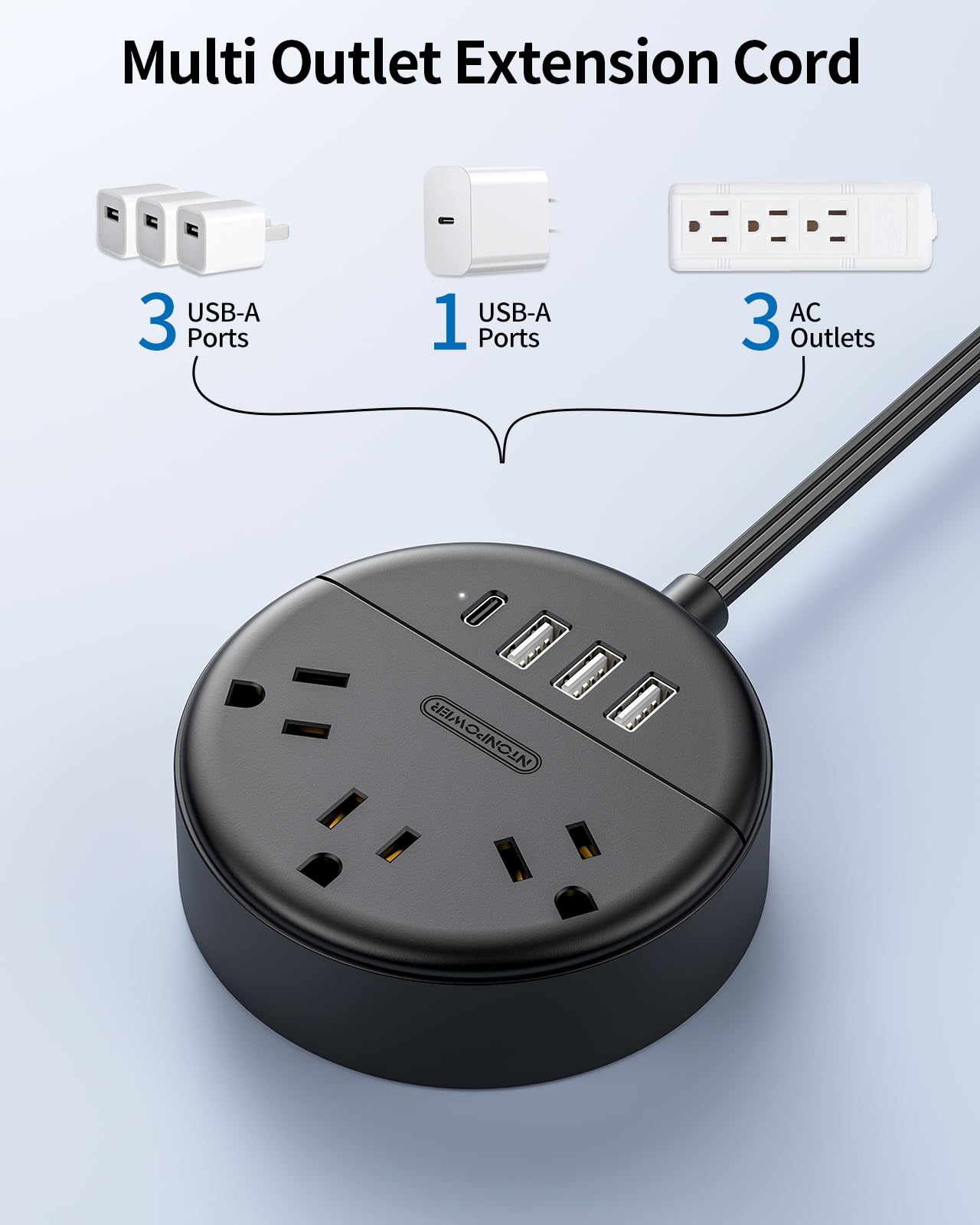 NTONPOWER Ultra Thin Flat Plug Extension Cord 10FT - 3 AC Outlets & 4 USB Ports (1 USB-C) - Multi-Outlet Power Strip for Home, Office, Dorm - Perfect for Charging Phones, Laptops, Tablets & Small Appliances
