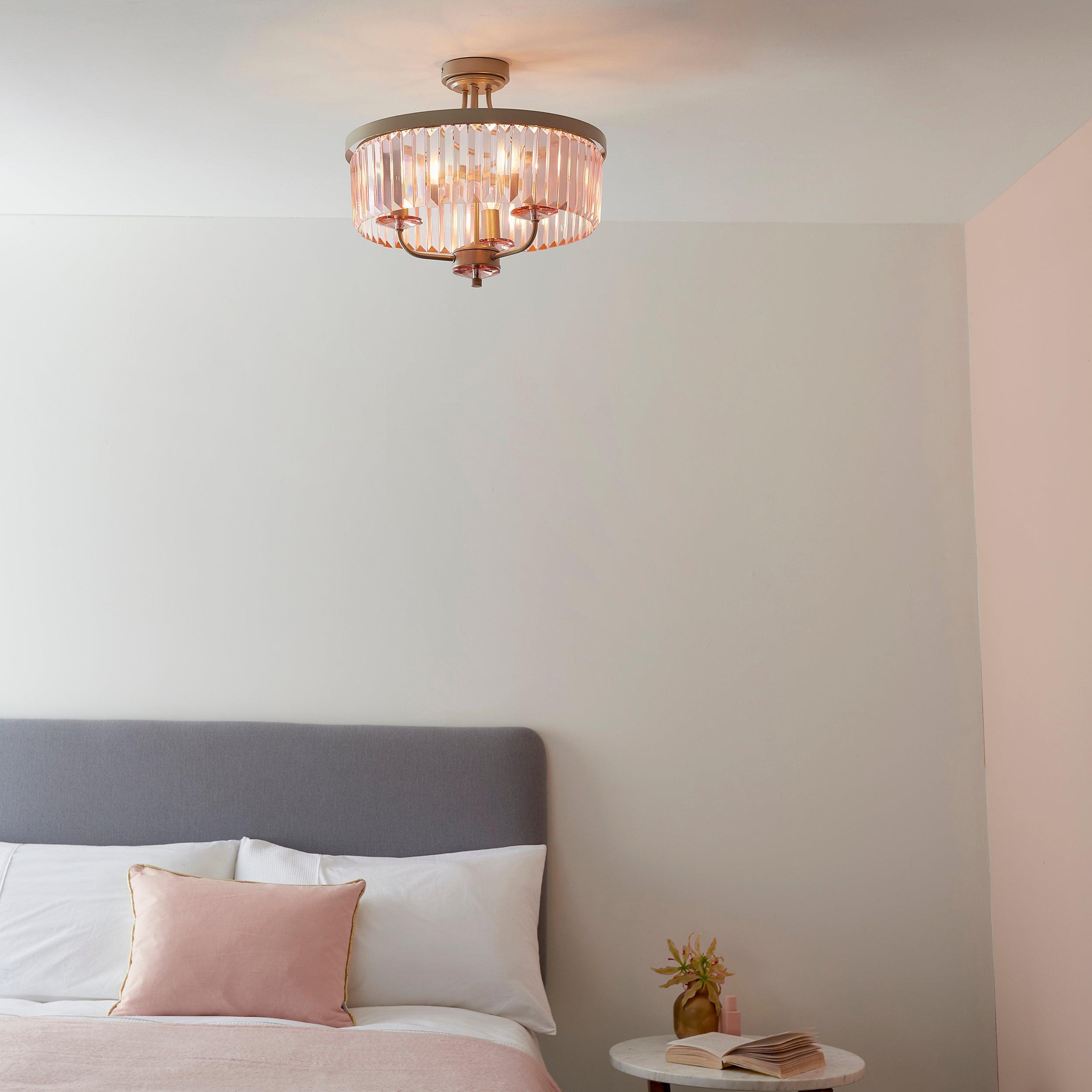 Ealing 3-Light Round Semi Flush Mount Ceiling Light - Champagne & Pink Cut Glass Chandelier for Dining Room, Bedroom or Living Room Decor