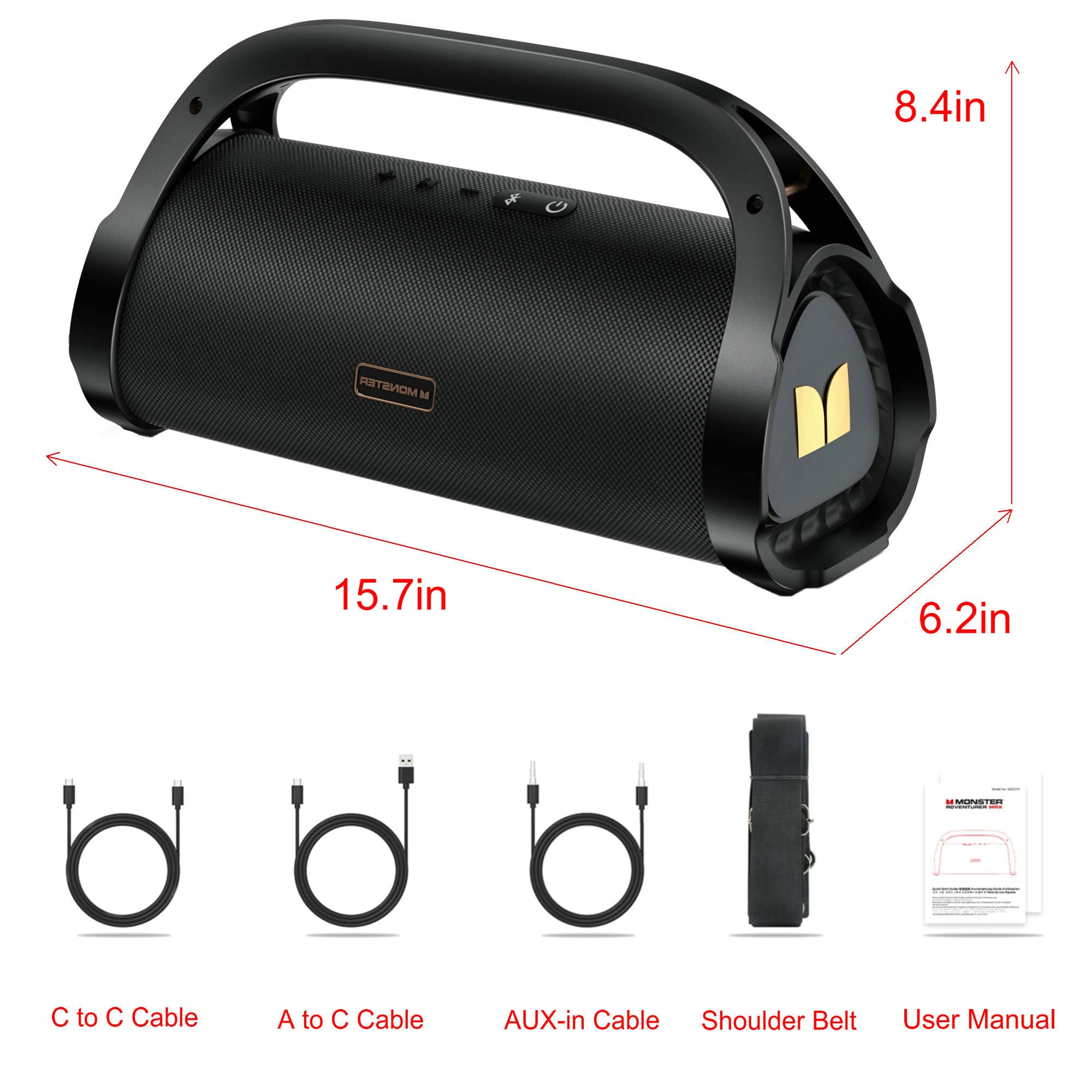 Monster Adventurer Max Portable Bluetooth Speaker - IPX7 Waterproof Wireless Speaker with Dual Subwoofers & 100W Stereo Sound | 24H Playtime for Outdoor, Pool, Beach, Camping & Parties (Gold)