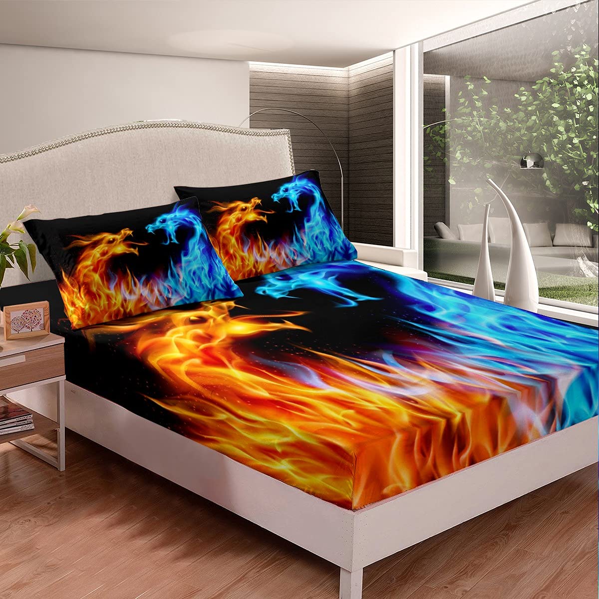 Erosebridal Dragon Fitted Sheet Deep Pocket Queen Size - Ice Fire Bedding Set with Golden Blue Flame Pattern (Includes 2 Pillow Cases) for Kids, Teens & Adults - Perfect for Themed Bedrooms, Dorm Rooms & Fantasy Decor