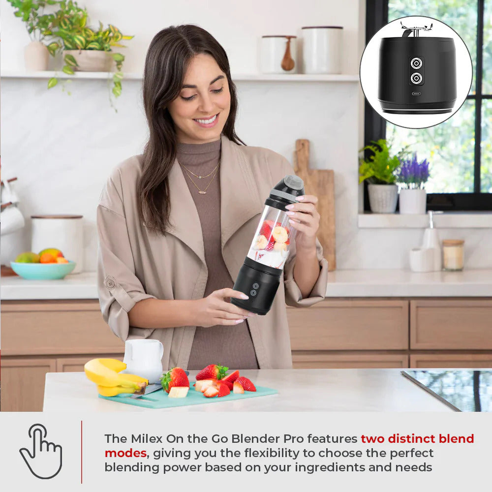 Milex On the Go Blender Pro - Portable Personal Smoothie Maker for Fruits, Vegetables & Protein Shakes - Perfect for Gym, Office & Travel - USB Rechargeable & BPA Free