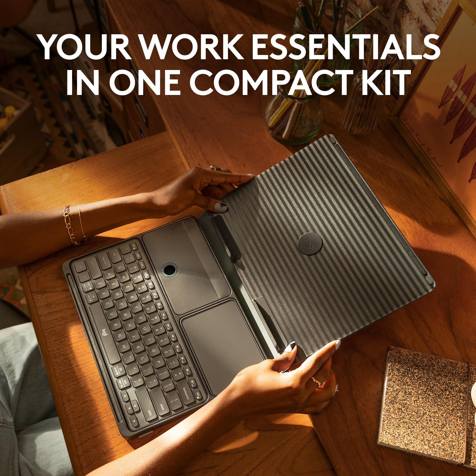 Logitech Casa Pop Up Desk Kit with Laptop Stand, Wireless Keyboard & Touchpad - Bluetooth, USB C Charging for 10” to 17” Laptops/MacBooks (Windows, macOS, ChromeOS) - Classic Chic Green/Black | Perfect for Home Office, Remote Work & Small Workspaces