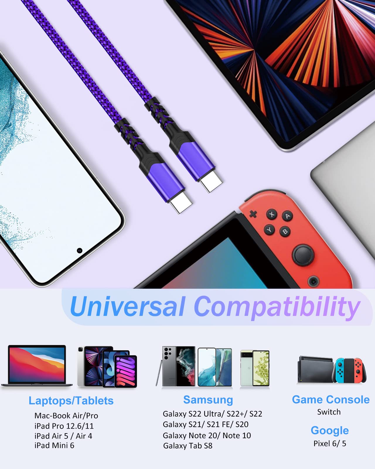 10ft 2-Pack USB C to USB C Cable Fast Charging 60W/3A - Compatible with Galaxy S24/S23/S22 Ultra/S21, iPhone 16/15 Pro Max, iPad Pro/Air5, Pixel 7 - Purple & Green for Home, Office, Travel Charging