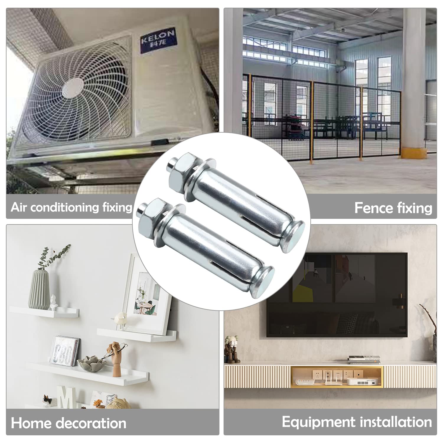 M8x60mm Zinc Plated Steel Expansion Bolts with Nuts - for Fence & AC Installation (3pcs)