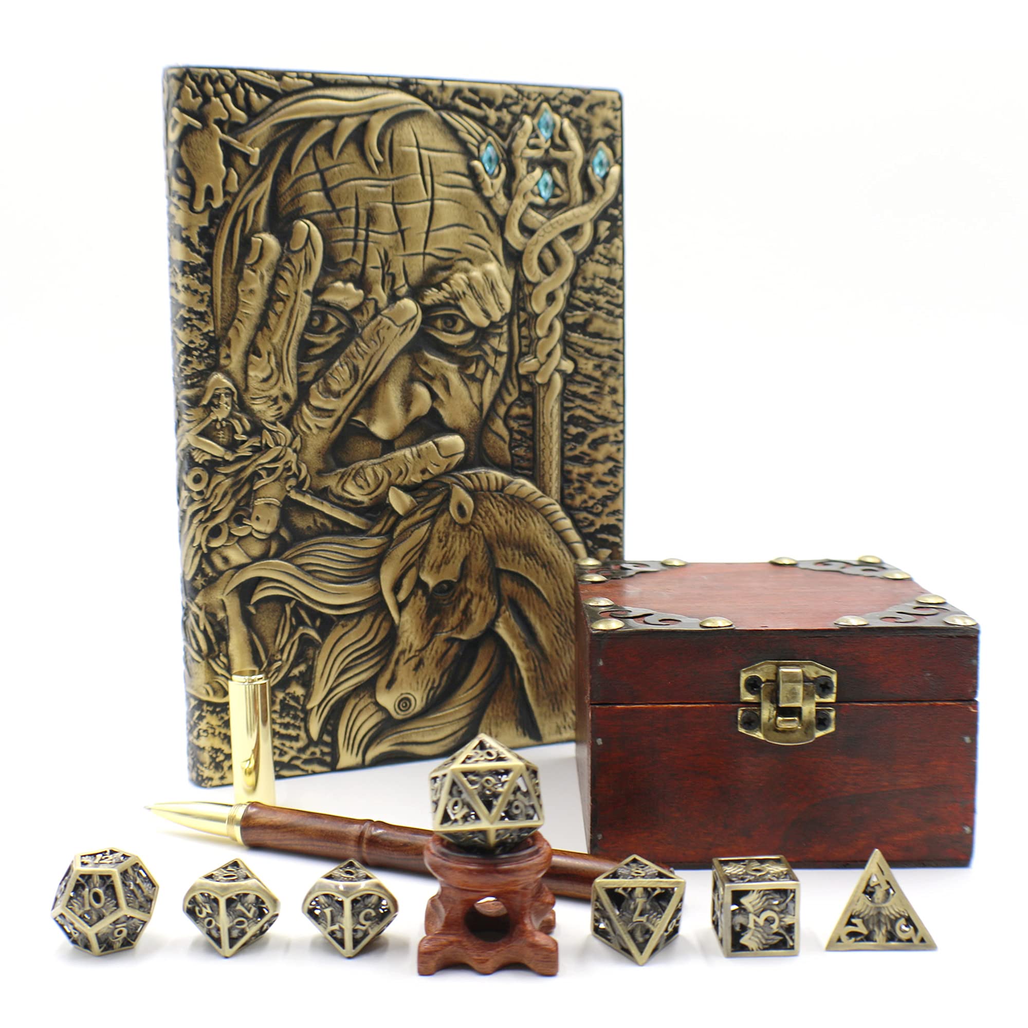 Premium Hollow Brass Dice Set with Journal & Wooden Pen Gift Box - Bronze & Silver Finish - Perfect for Tabletop RPG Games, D&D Accessories & Unique Gifts for Gamers
