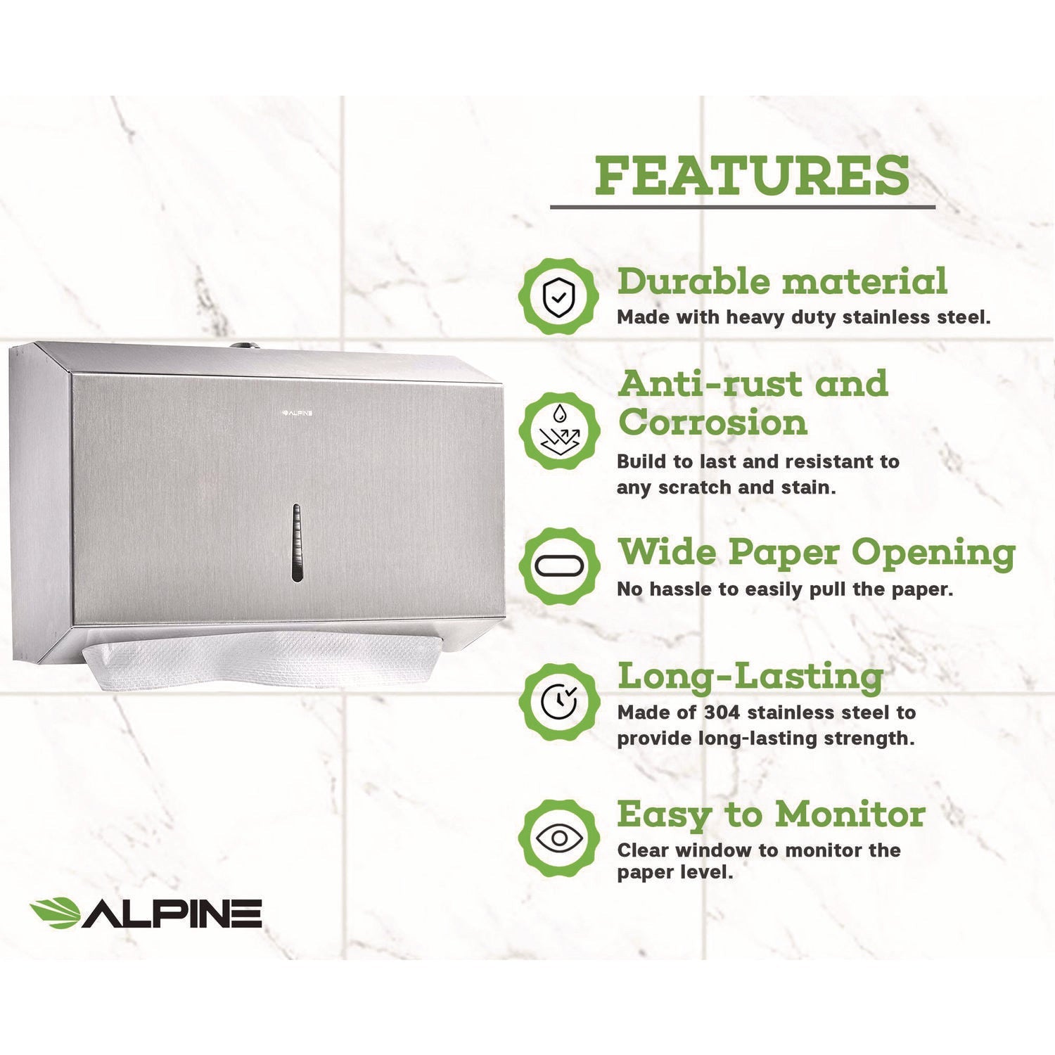 Alpine Industries Horizontal C-Fold Paper Towel Dispenser - Brushed Nickel (7.08