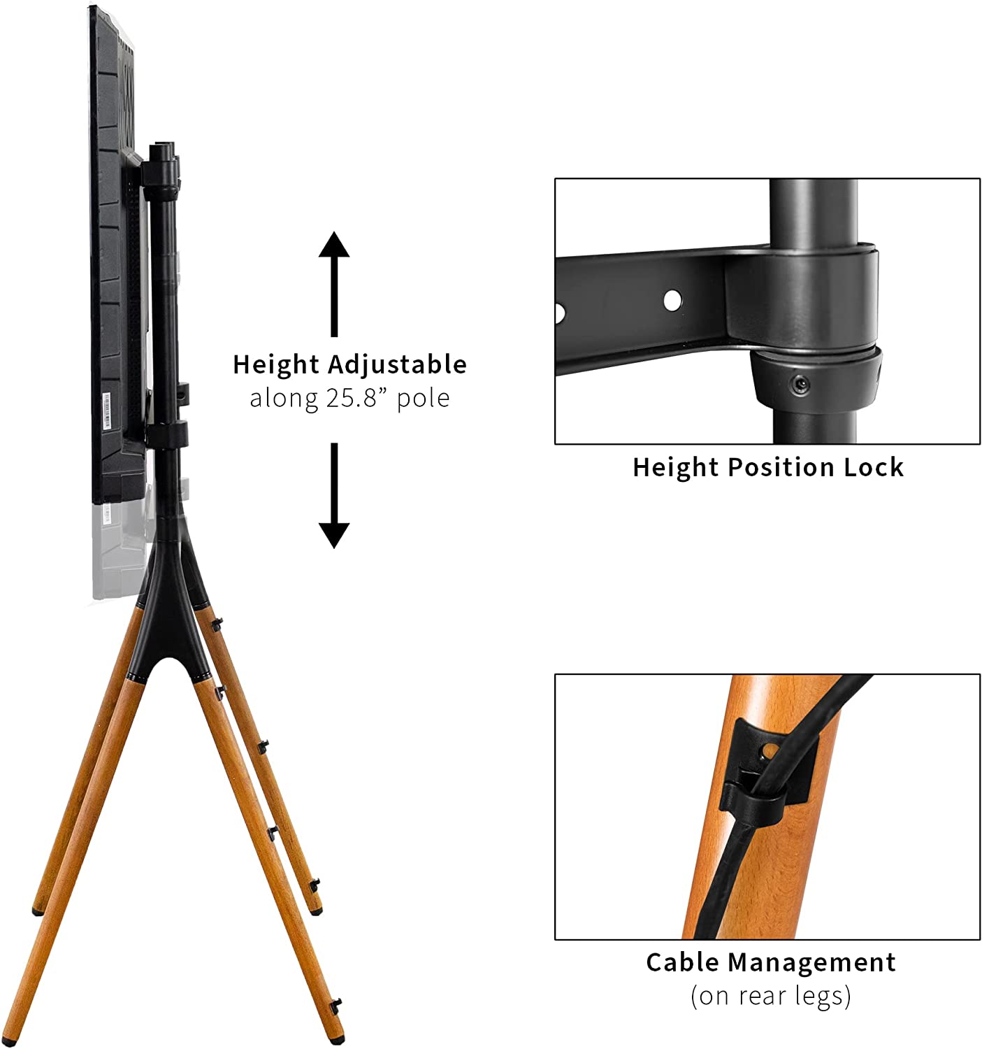 VIVO TV Stand Easel for 49-70 Inch LED LCD Screens, Adjustable TV Mount with 4 Legs Holds up to 88 lbs, Black/Wood (Model STAND TV70A) - Perfect for Living Room, Bedroom, or Studio Display