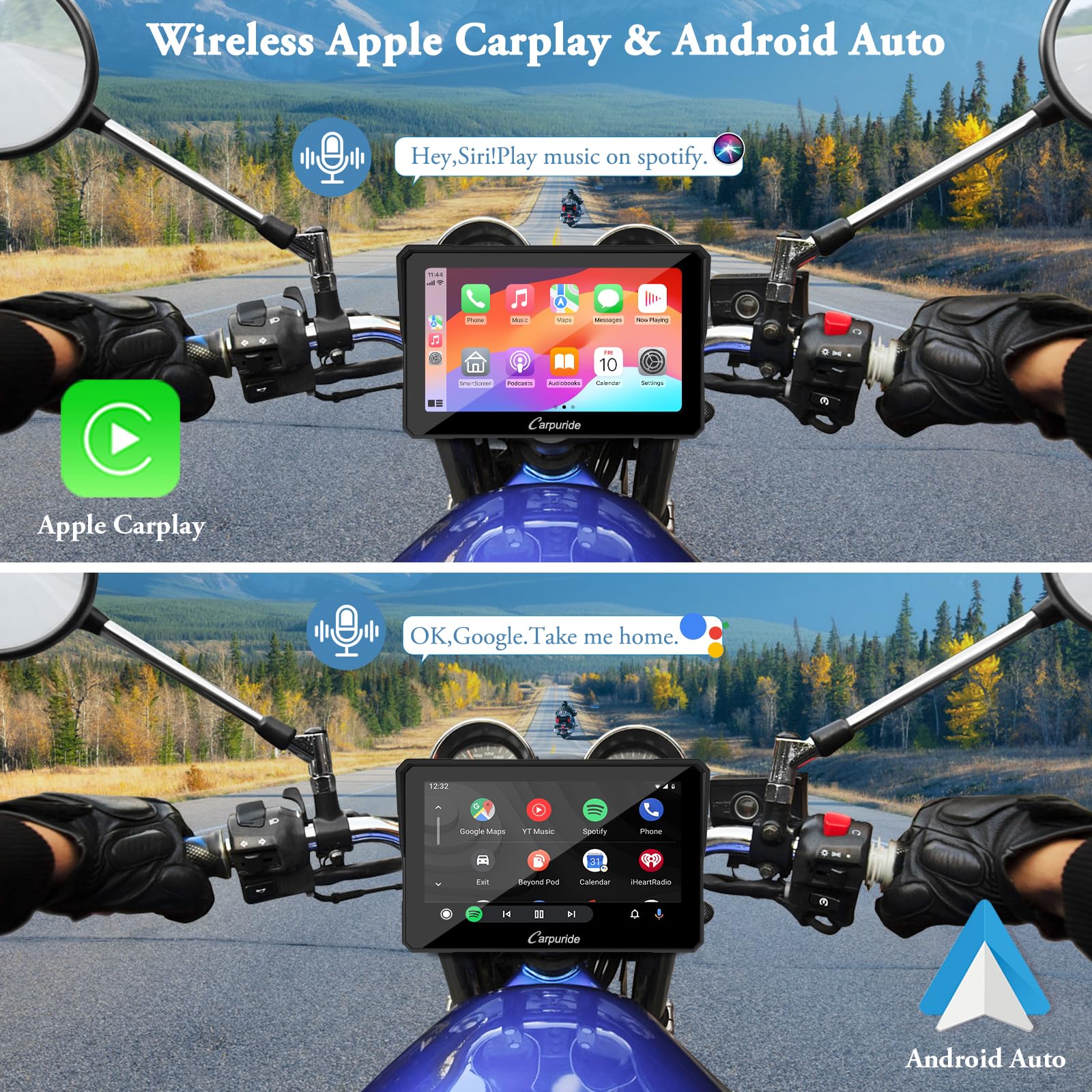Carpuride W702 7-Inch Waterproof Motorcycle GPS Navigation System with Apple CarPlay & Android Auto, Dual Bluetooth, Siri & Google Assistant, 64GB TF Card - Perfect for Adventure Riding, Commuting & Road Trips