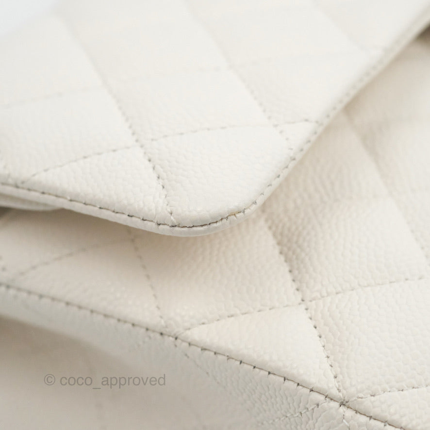 Chanel Classic Medium Double Flap Bag in White Caviar Leather with Silver Hardware - Luxury Handbag for Women, Perfect for Work, Parties & Everyday Use