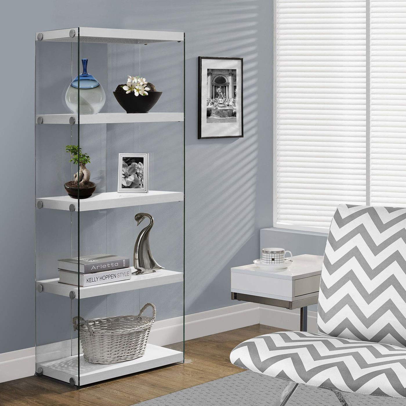Monarch Specialties 5-Shelf Bookcase - Modern Etagere Bookshelf with Tempered Glass Frame, 60 Inches Tall in White - Perfect for Living Room, Office & Library Storage