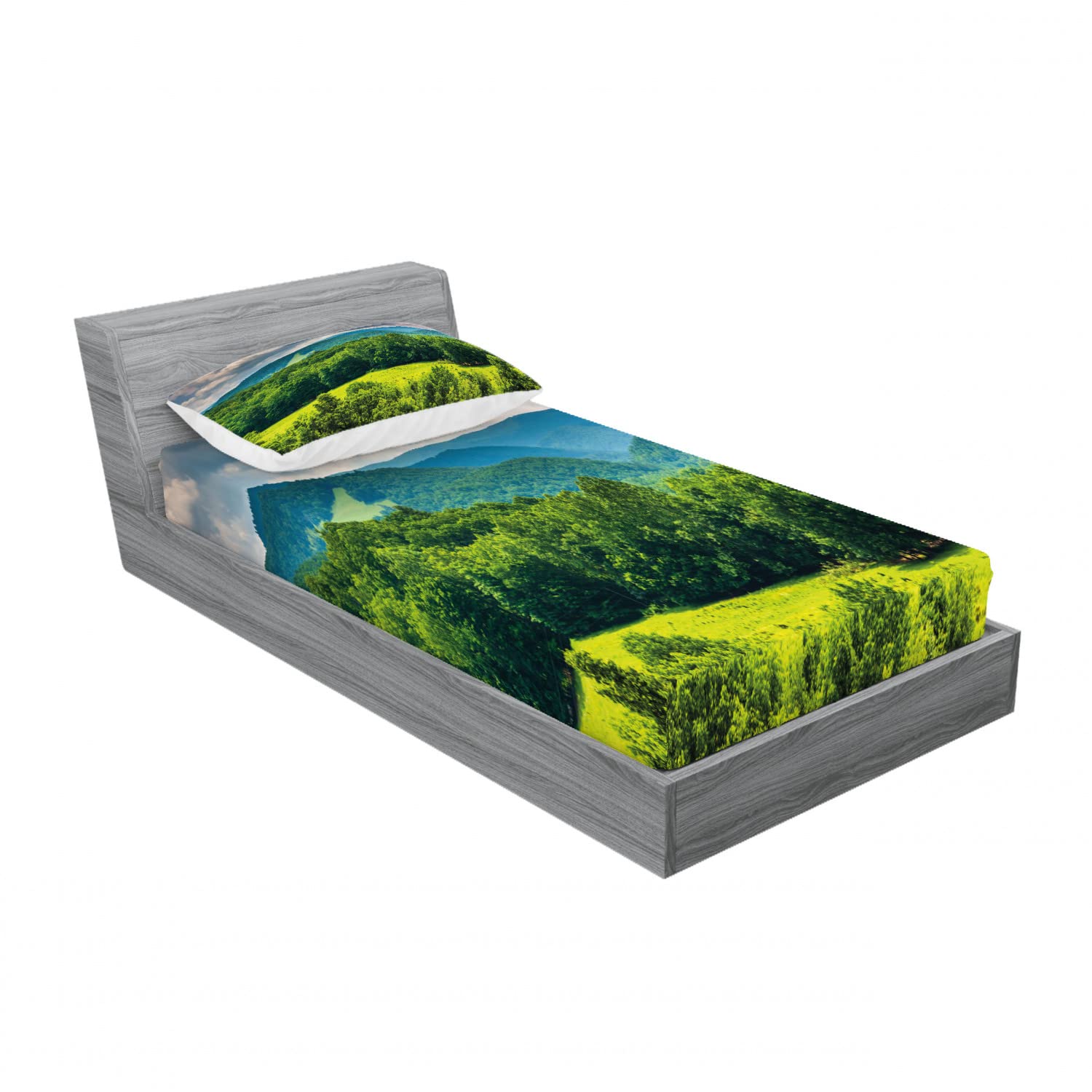 Ambesonne 2-Pack Twin XL Fitted Sheet & Pillow Sham Set - Mountain Landscape Design, 4-Piece Bedding Decor in Forest Green | Perfect for Dorm Rooms, Guest Beds & Cabin Retreats