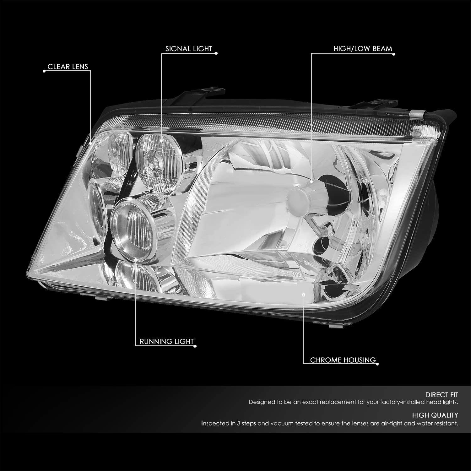 Auto Dynasty E-Code Style Halogen Headlight with Fog Lamp & Tool Kit - Compatible with VW Jetta MK4 1999-2005 (Driver & Passenger Side, Chrome Housing) - Perfect for Night Driving & Car Upgrades