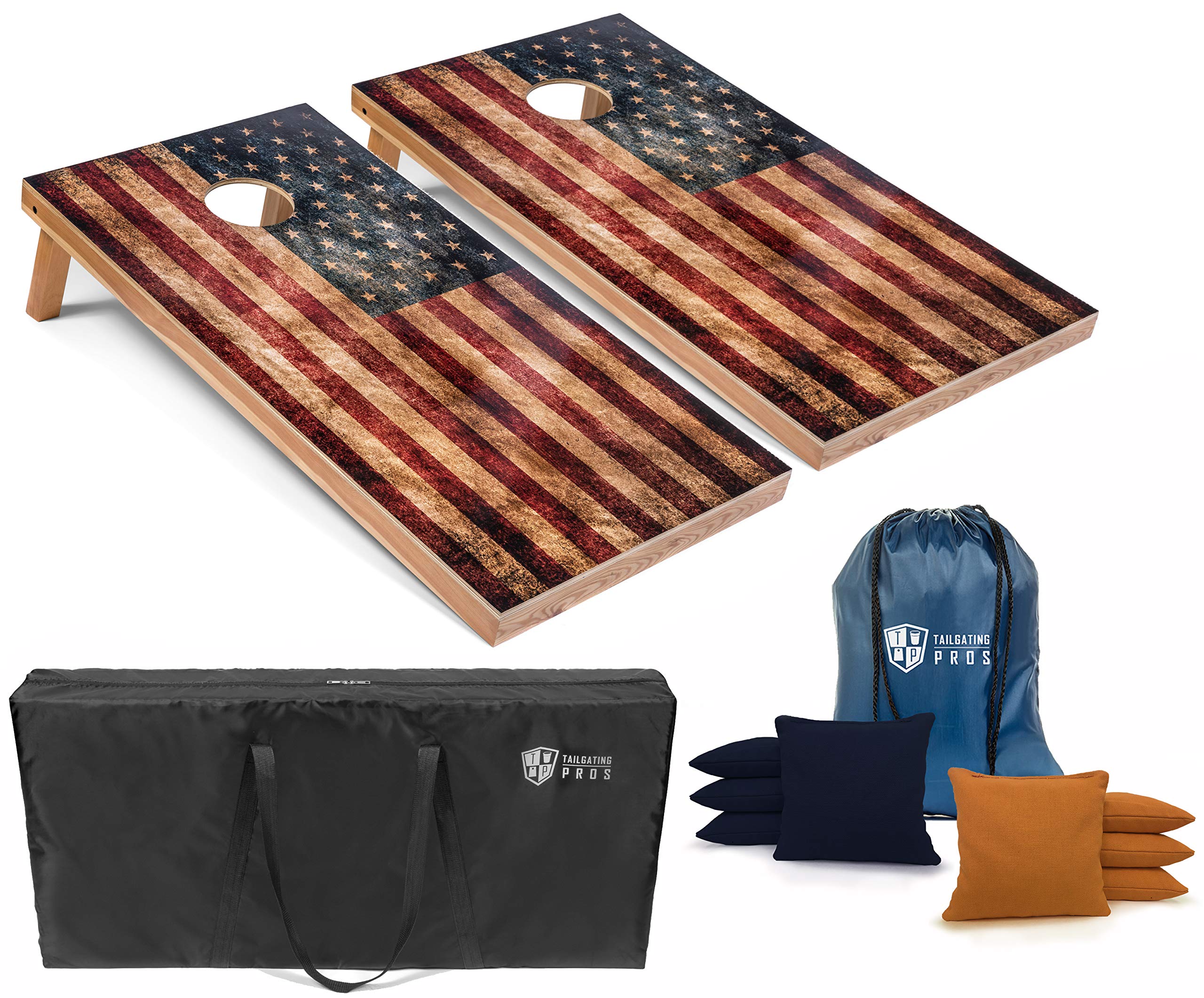 Tournament Grade 4'x2' Distressed American Flag Cornhole Game Set with 8 Bean Bags & Carrying Case - Premium Rustic Outdoor Tailgating Game for Backyard, BBQ Parties & Camping - Regulation Size Cornhole Boards for Adults