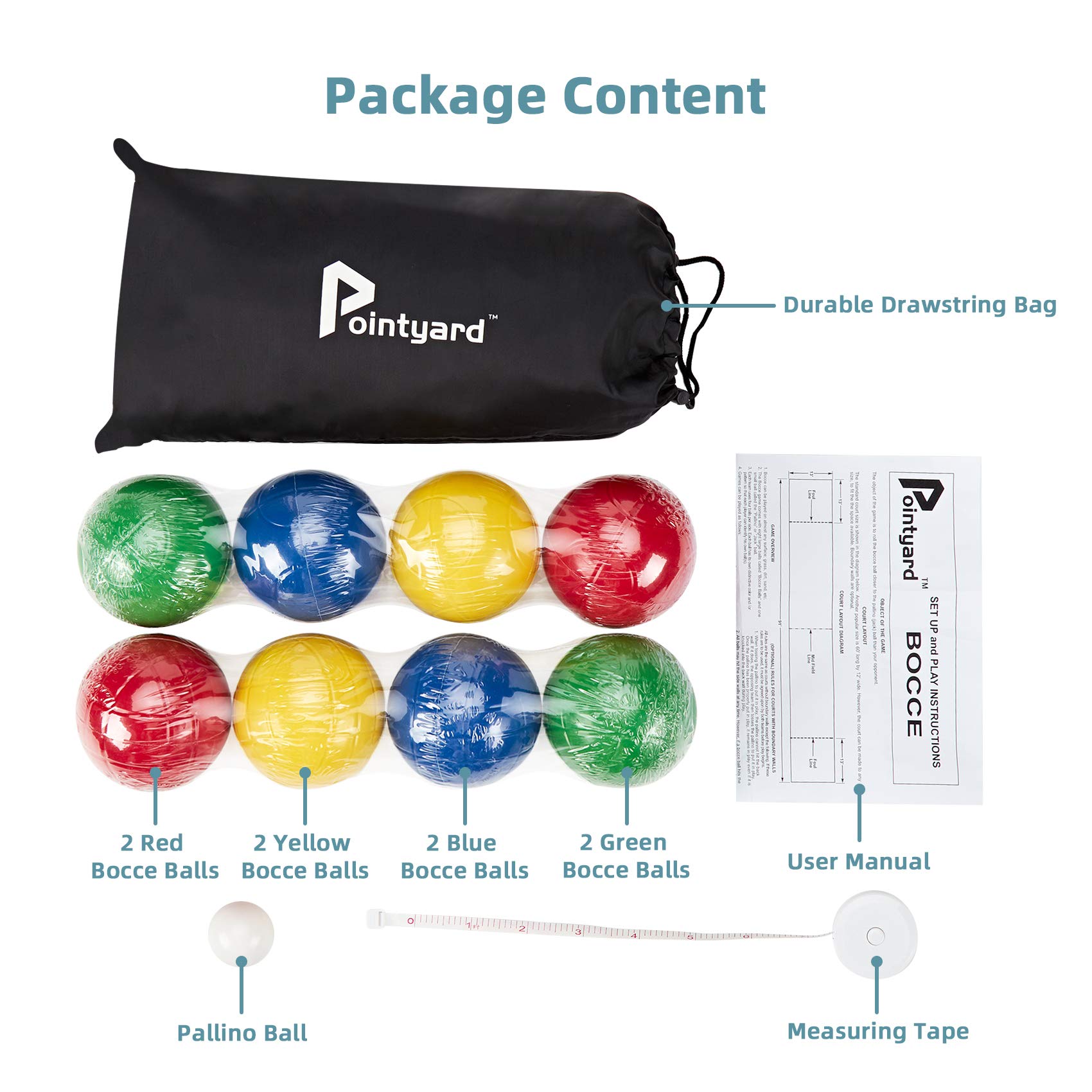 **Regulation 100mm Bocce Ball Set - 8 PE Balls, Pallino, Carry Bag & Measuring Tape - Outdoor Family Game for Backyard, Lawn, Beach, Picnics & Parties (Red, Blue, Green, Yellow)**