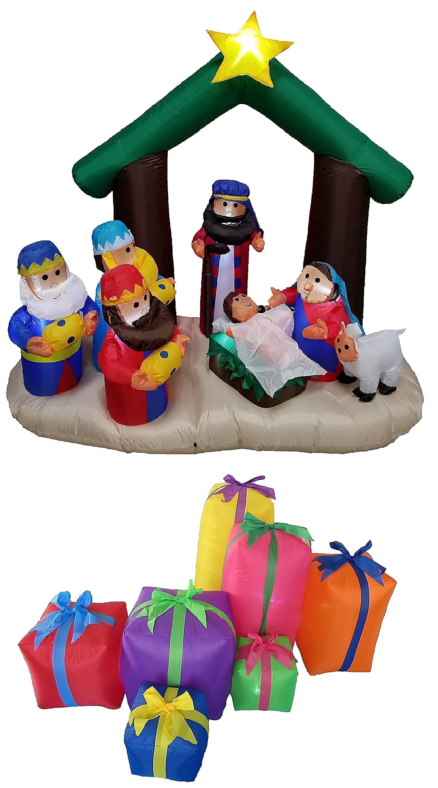 6ft Inflatable Nativity Scene with Three Kings & 6ft Multicolor Gift Boxes - Christmas Party Decorations Set for Indoor/Outdoor Use with LED Lights - Perfect for Holiday Yard Displays, Church Events & Festive Home Decor