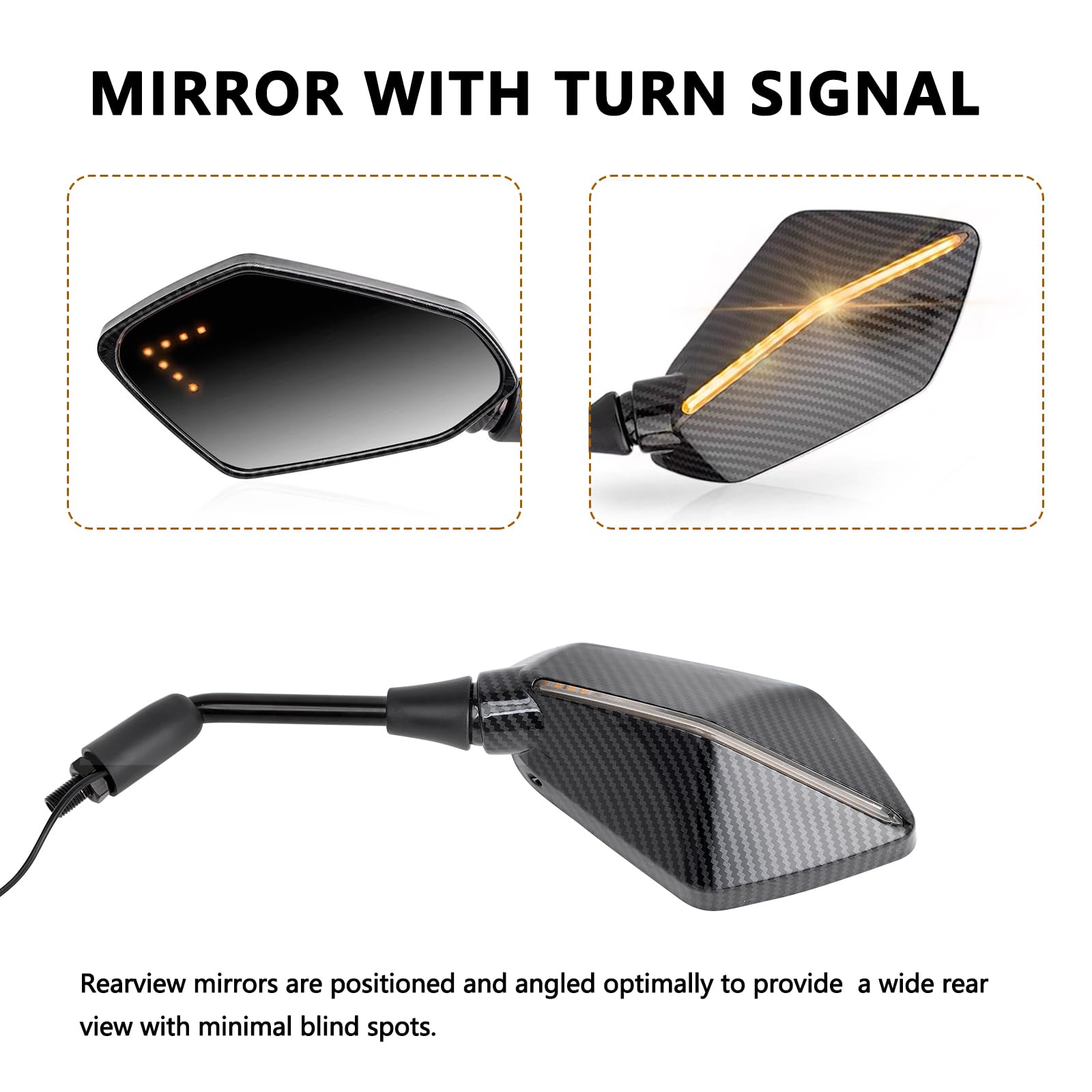 Universal 10mm Motorcycle Mirrors with LED Turn Signals & Strip Adjustment - Compatible with Yamaha, Honda, Suzuki - Enhanced Safety for Night Riding & Urban Commuting