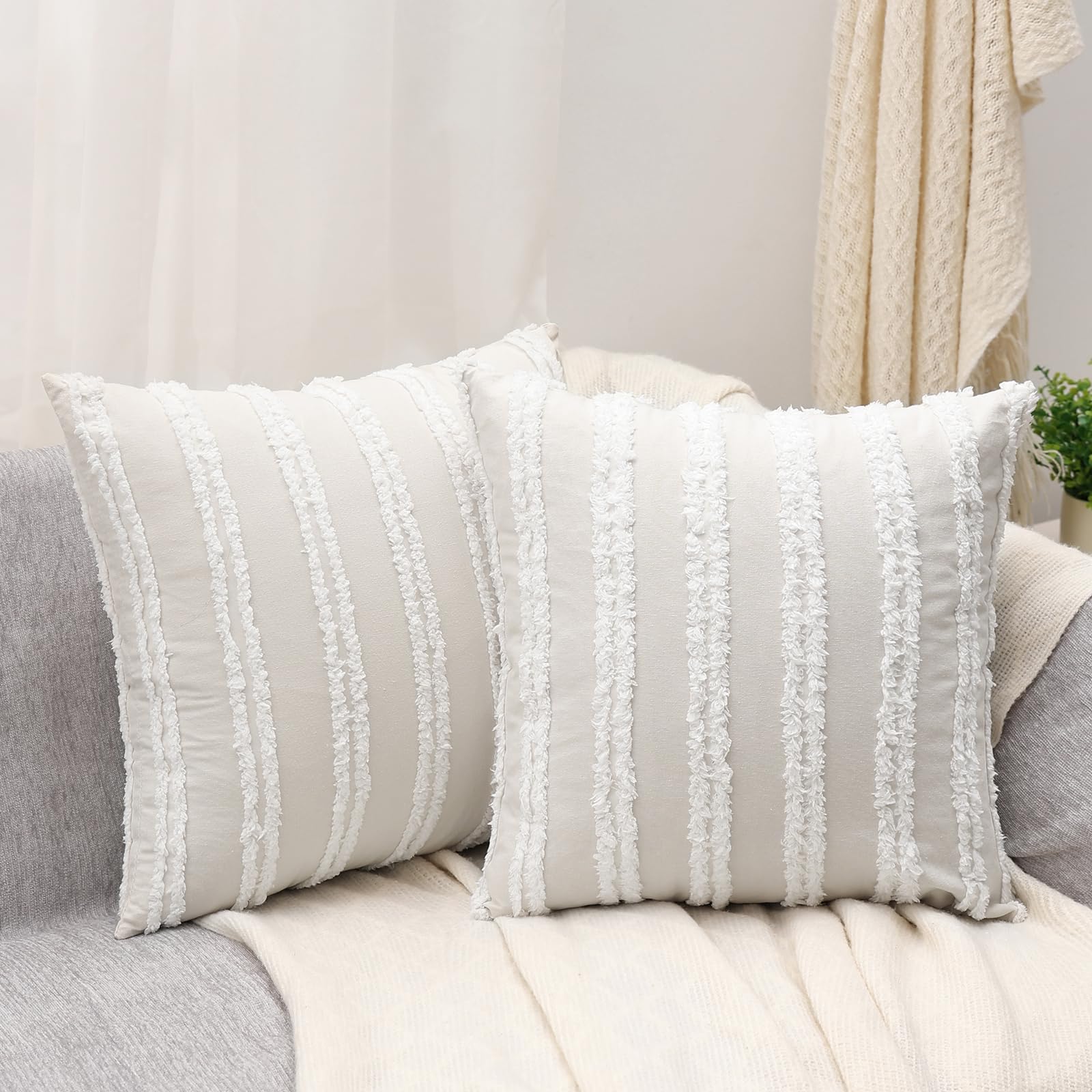 Pallene Boho Decorative Throw Pillow Covers 16x16 Inch Set of 2 - Soft Cotton Linen Blend Cushion Covers for Couch, Sofa, Bed & Living Room Decor - Neutral Beige Home Accent - Perfect for Bohemian, Farmhouse & Coastal Style Interiors