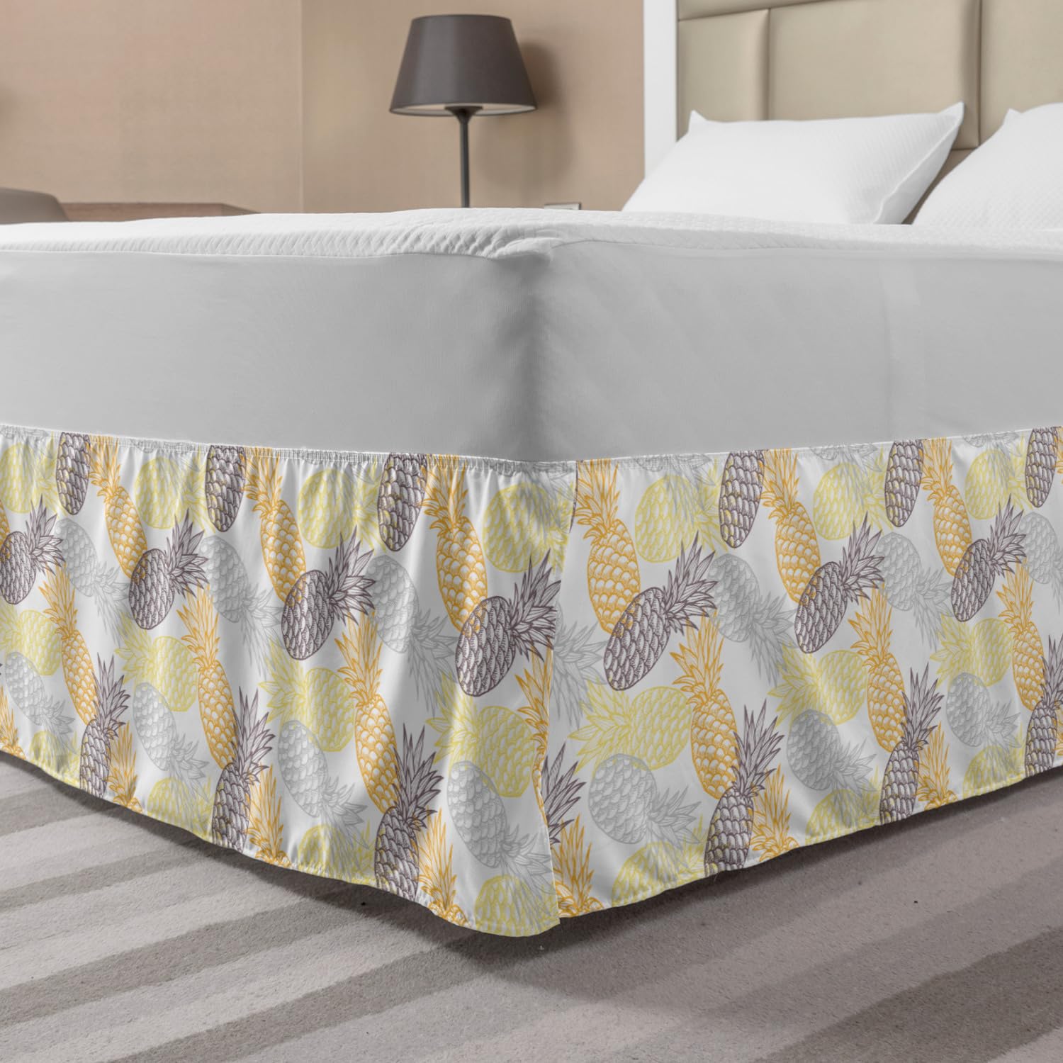 Ambesonne Pineapple Tropical Bed Skirt - Queen Size Elastic Dust Ruffle Wrap Around Bedding Decor in Marigold & Dimgray | Soft Exotic Fruit Design for Beach House, Summer Bedroom & Tropical Theme Decor