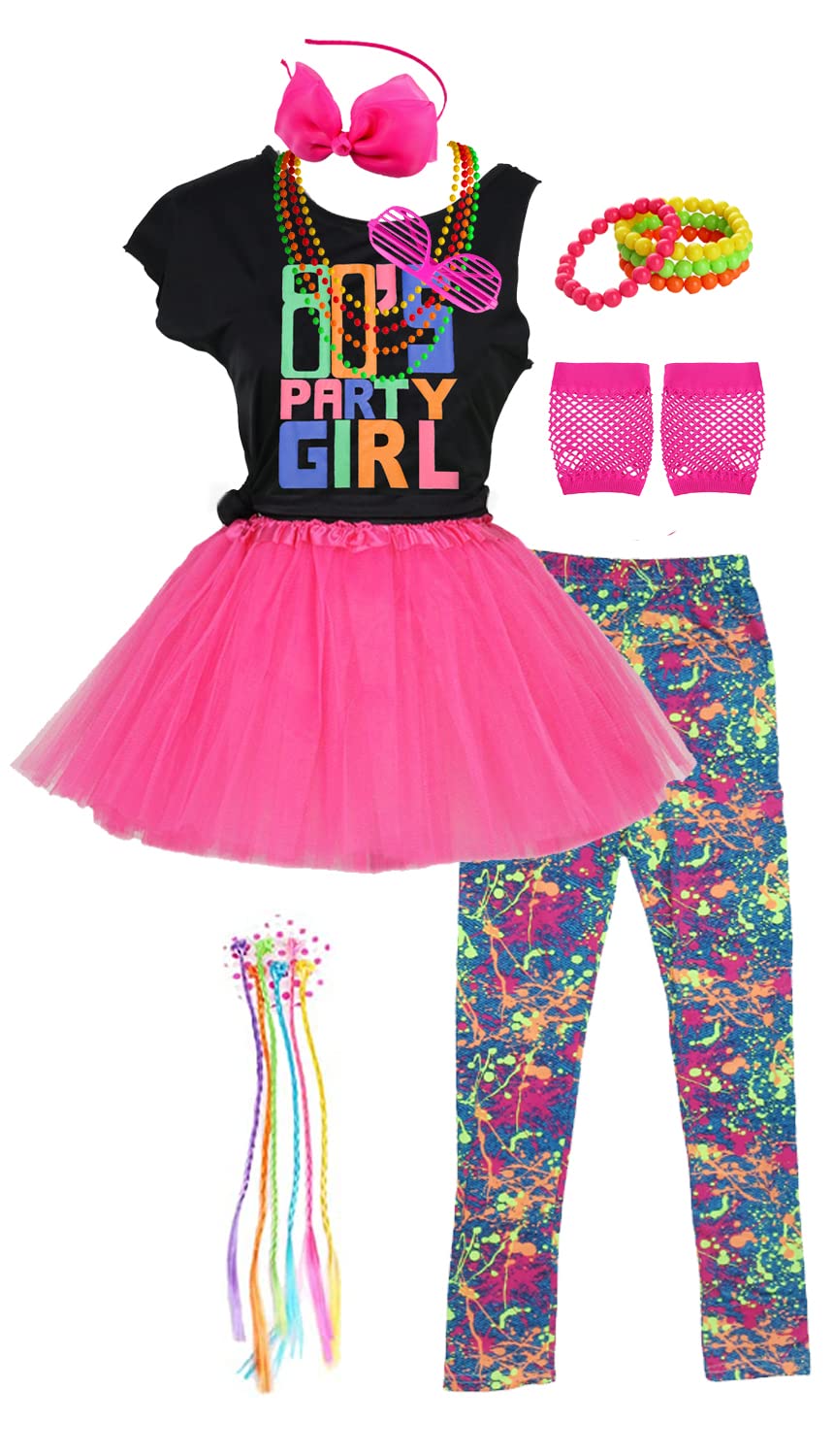 Vintage 80s Girls Costume Set - T-Shirt, Skirt, Leggings, Headwear & Gloves | Retro Fashion Outfit for Kids | Perfect for Halloween, Cosplay & Themed Parties