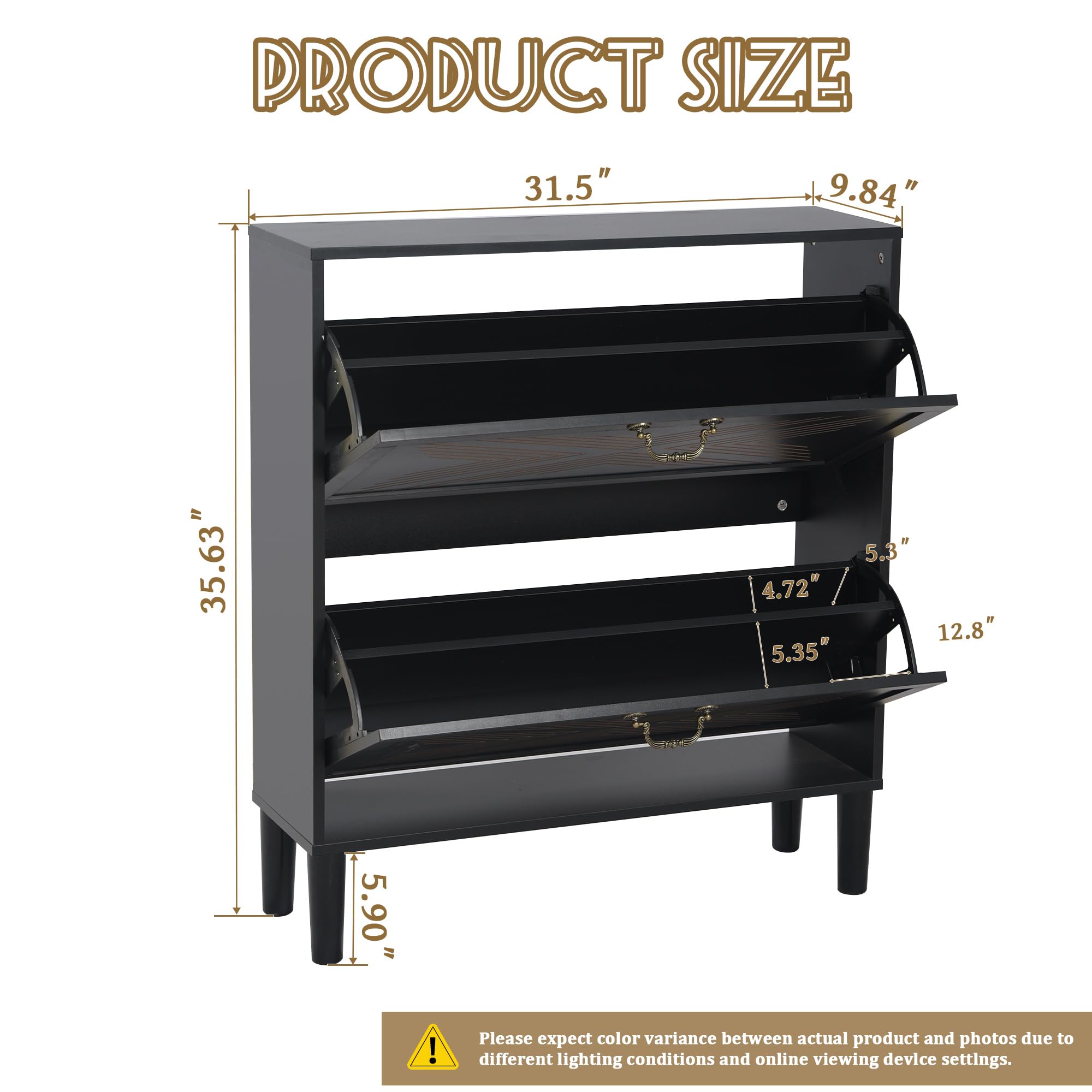 2-Drawer Shoe Cabinet with Flip Doors - Narrow Freestanding Shoe Storage Organizer for Entryway, Hallway & Closet - Carved Fluted Design (Black) - Perfect for Small Spaces & Apartment Living