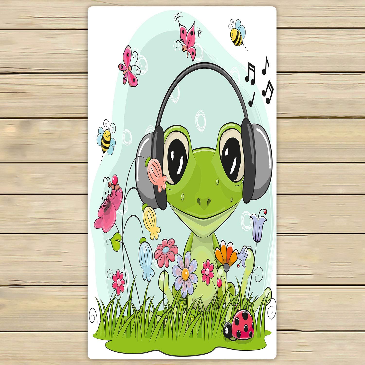 Cute Cartoon Frog Beach Towel - Soft 30x56 Inch Bath Towel with Meadow Flowers & Butterflies Design for Home, Pool, Travel - Quick Dry & Absorbent for Outdoor, Beach, Shower Use