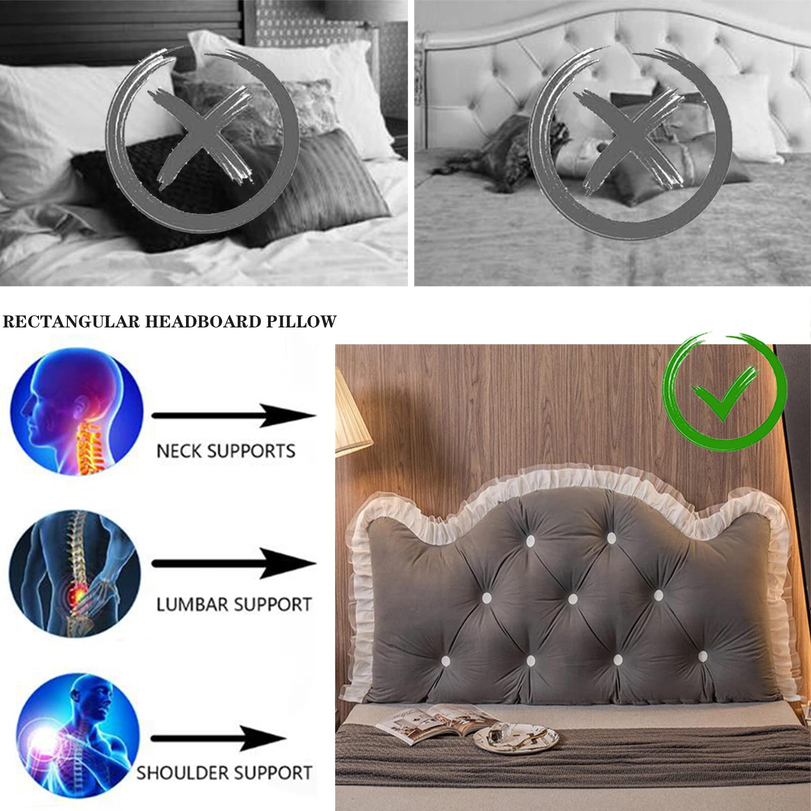 Headboard Pillow for Full, King, Queen & Twin Beds - Large Reading & Backrest Support Pillow with Bolster, Wedge Design - Perfect for Sofa, Bed & Lumbar Support - Grey, 47