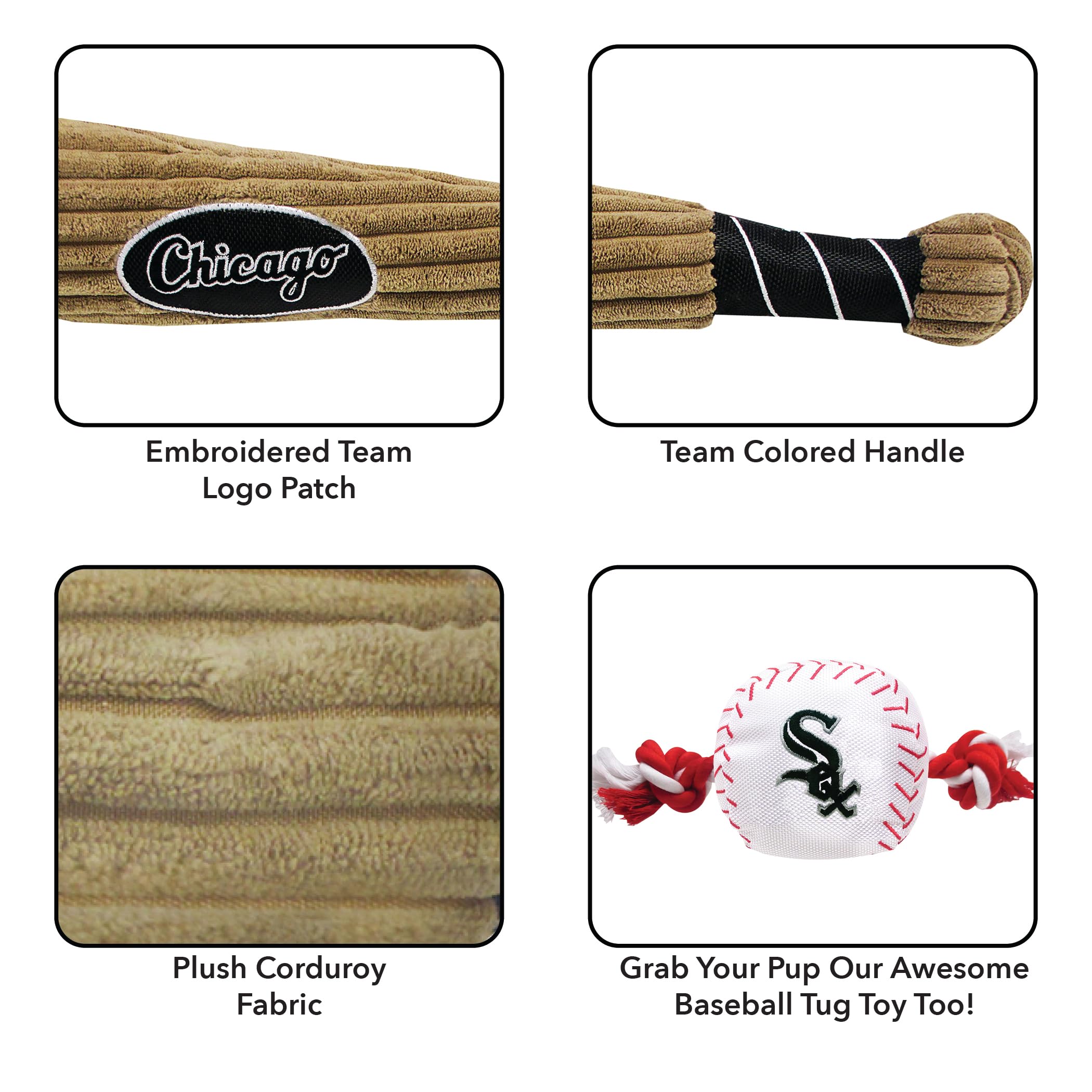 MLB Chicago White Sox Plush Squeaky Dog Toy - Soft Corduroy Chew Toy for Dogs & Cats with Team Logo | Interactive Pet Toy for Playtime & Training | Durable Baseball Bat Design for Puppies & Adult Pets