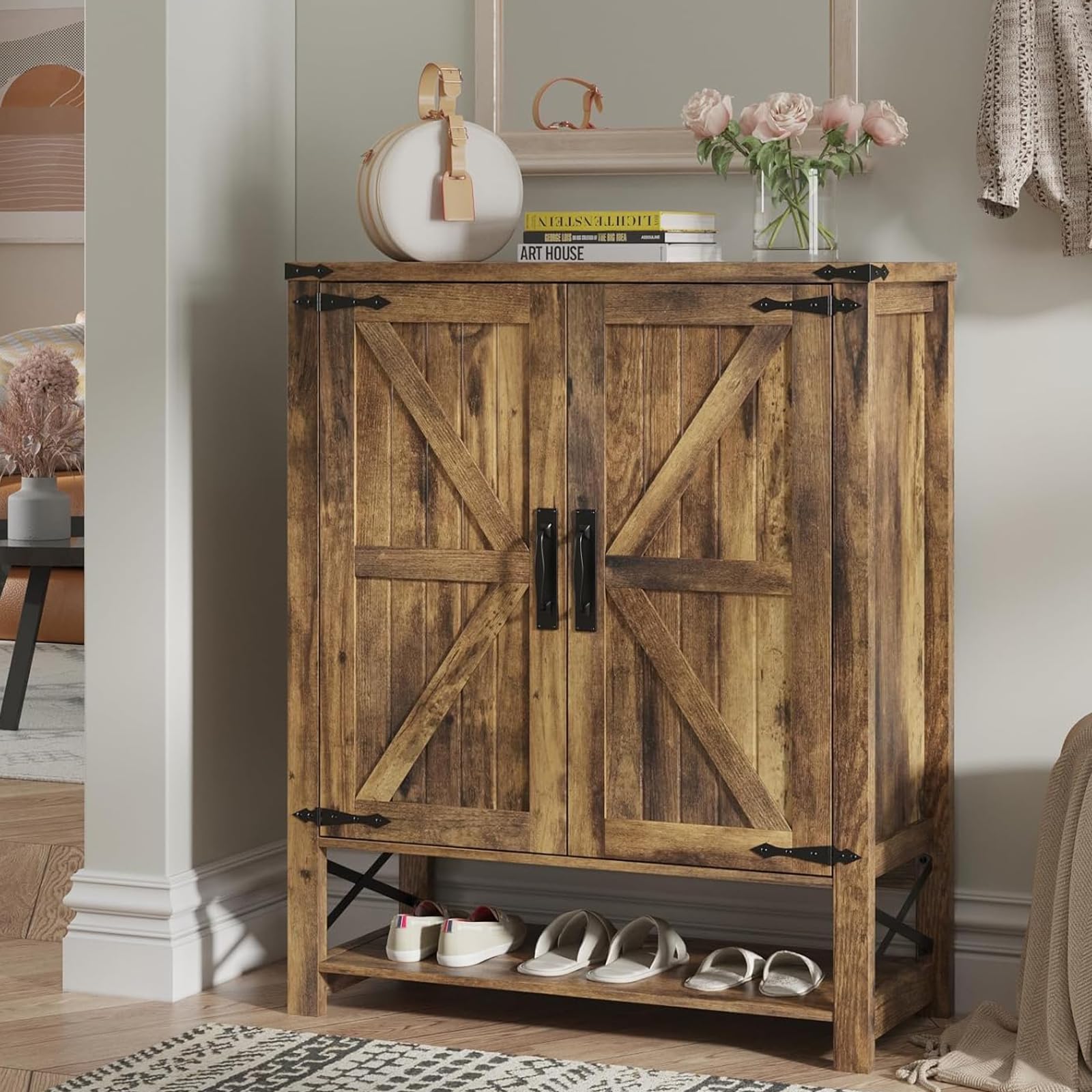 Maupvit 6-Tier Wooden Shoe Cabinet with Doors - Adjustable Shelves Farmhouse Shoe Storage Organizer for Entryway, Hallway, Living Room - Perfect for Small Spaces & Shoe Collection Organization (Brown)