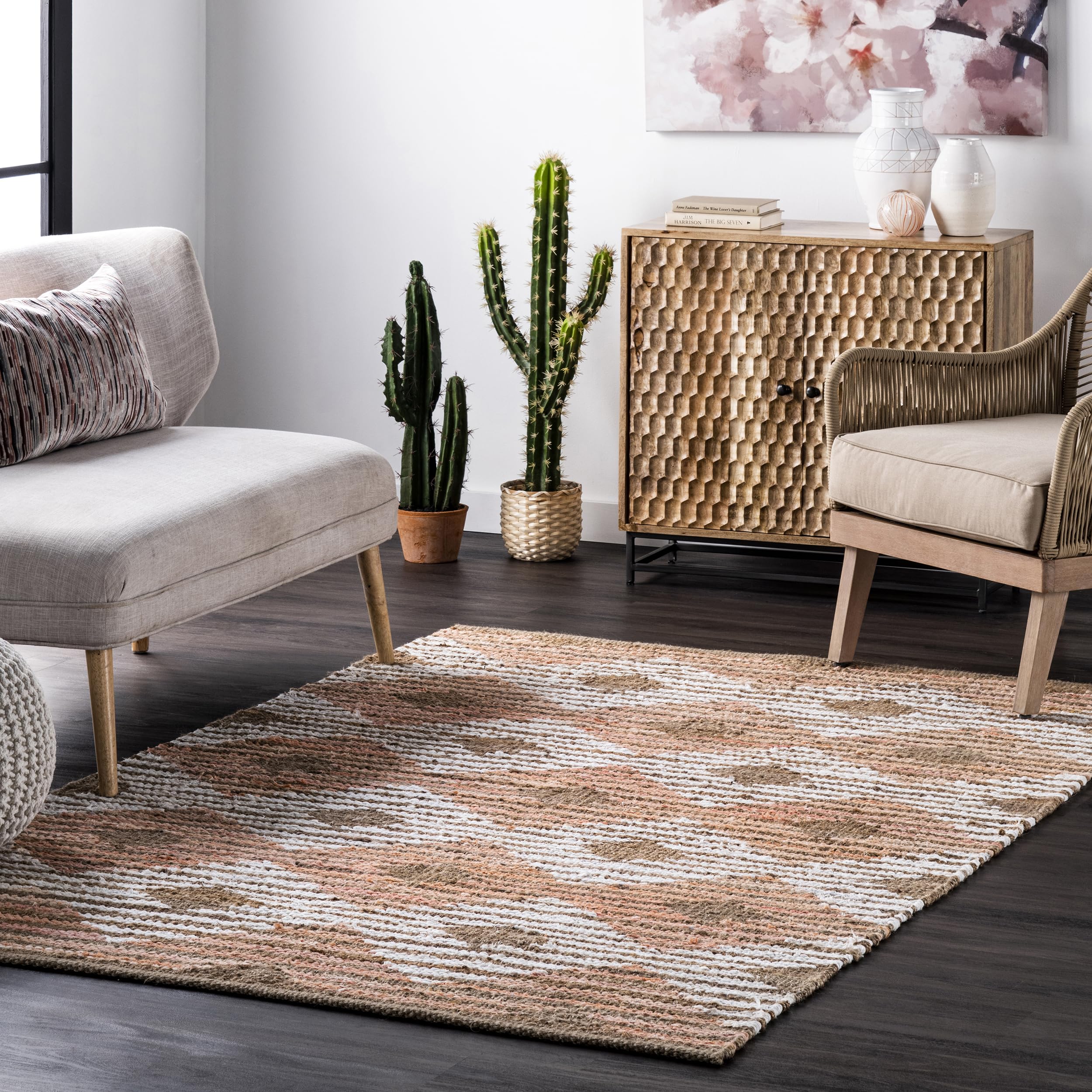 nuLOOM Hand Braided Marla Denim & Jute Diamond Area Rug 9' x 12' Pink - Soft Boho Chic Rug for Living Room, Bedroom, or Dorm Decor