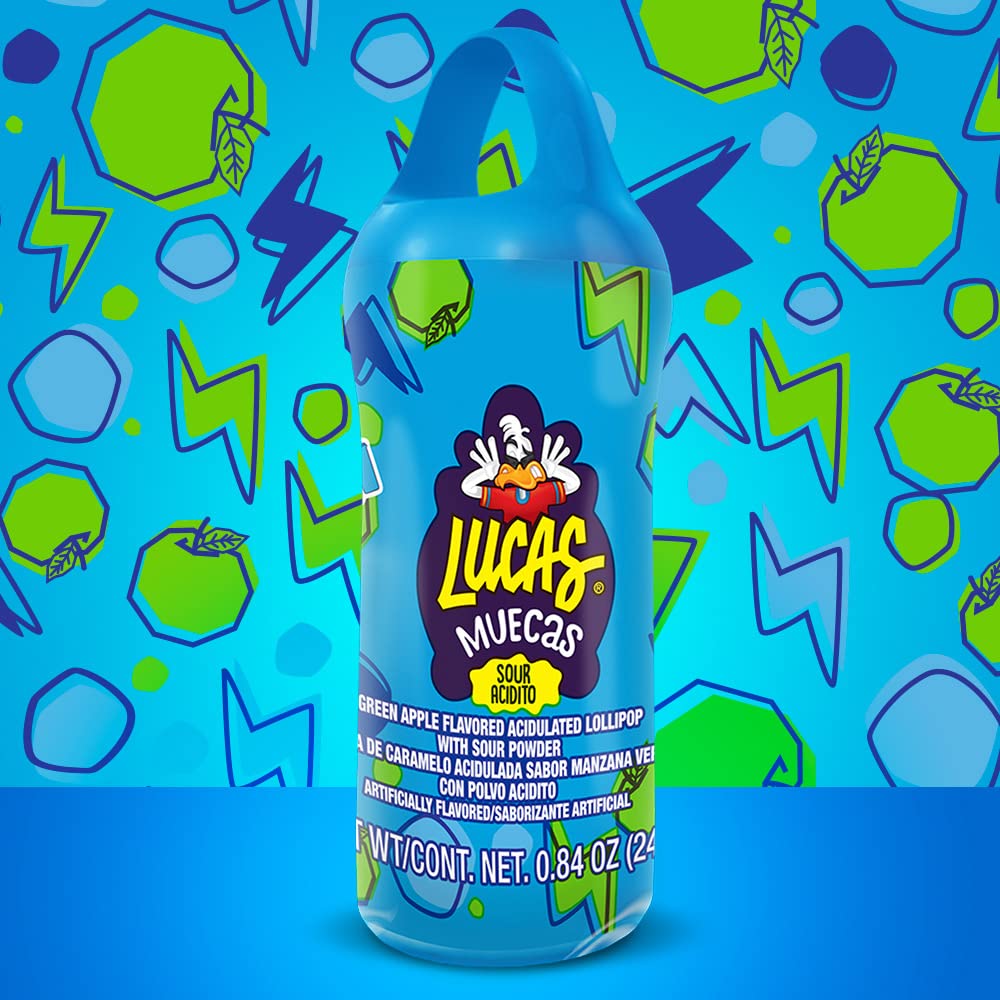 Sour Green Apple Flavor Lucas Muecas Lollipop Candy - 10 Piece Pack (0.84oz Each) for Halloween, Birthday Parties, Piñatas, Office Snacks & Movie Night Treats