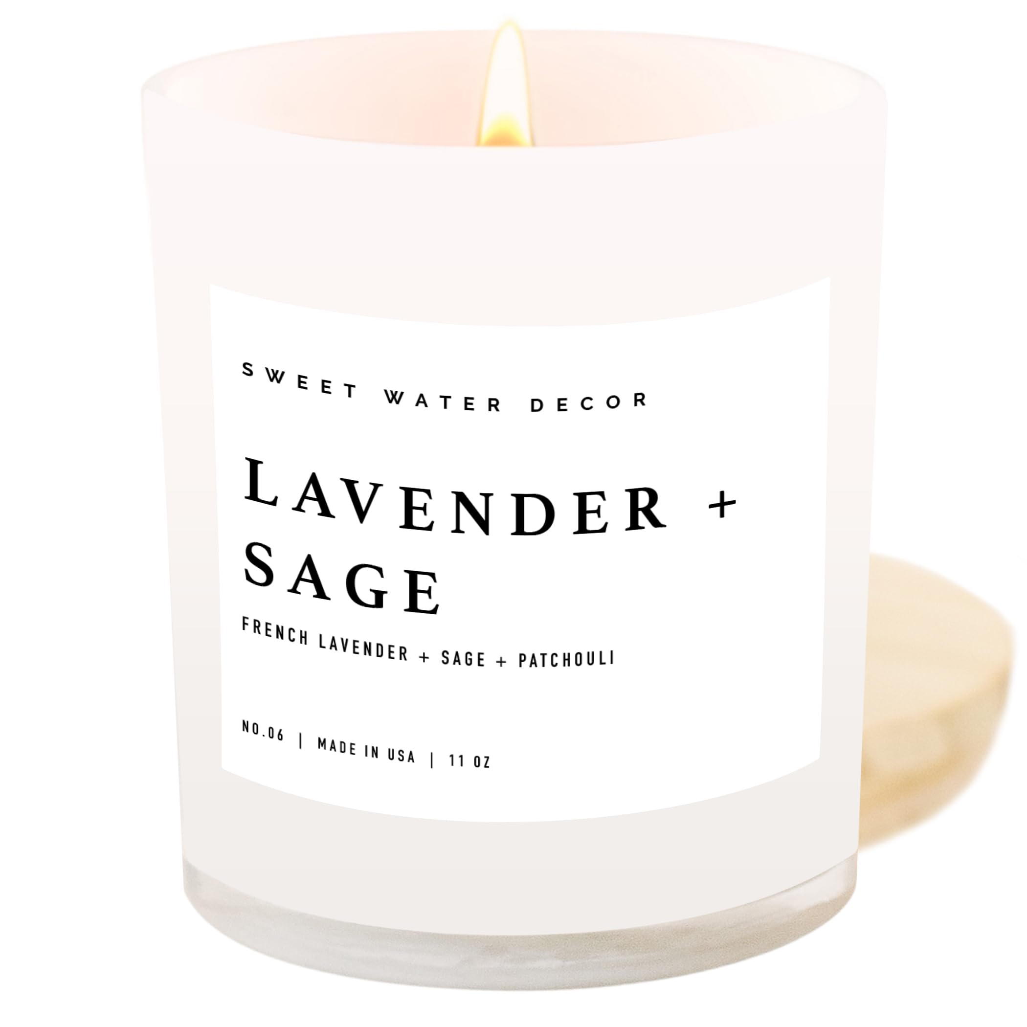 Sweet Water Decor Lavender and Sage Scented Soy Candle - 11oz White Jar with Wood Lid, 50+ Hour Burn Time, Made in USA | Relaxing Aromatherapy for Home, Spa, Yoga & Meditation | Natural Essential Oil Blend for Stress Relief & Better Sleep