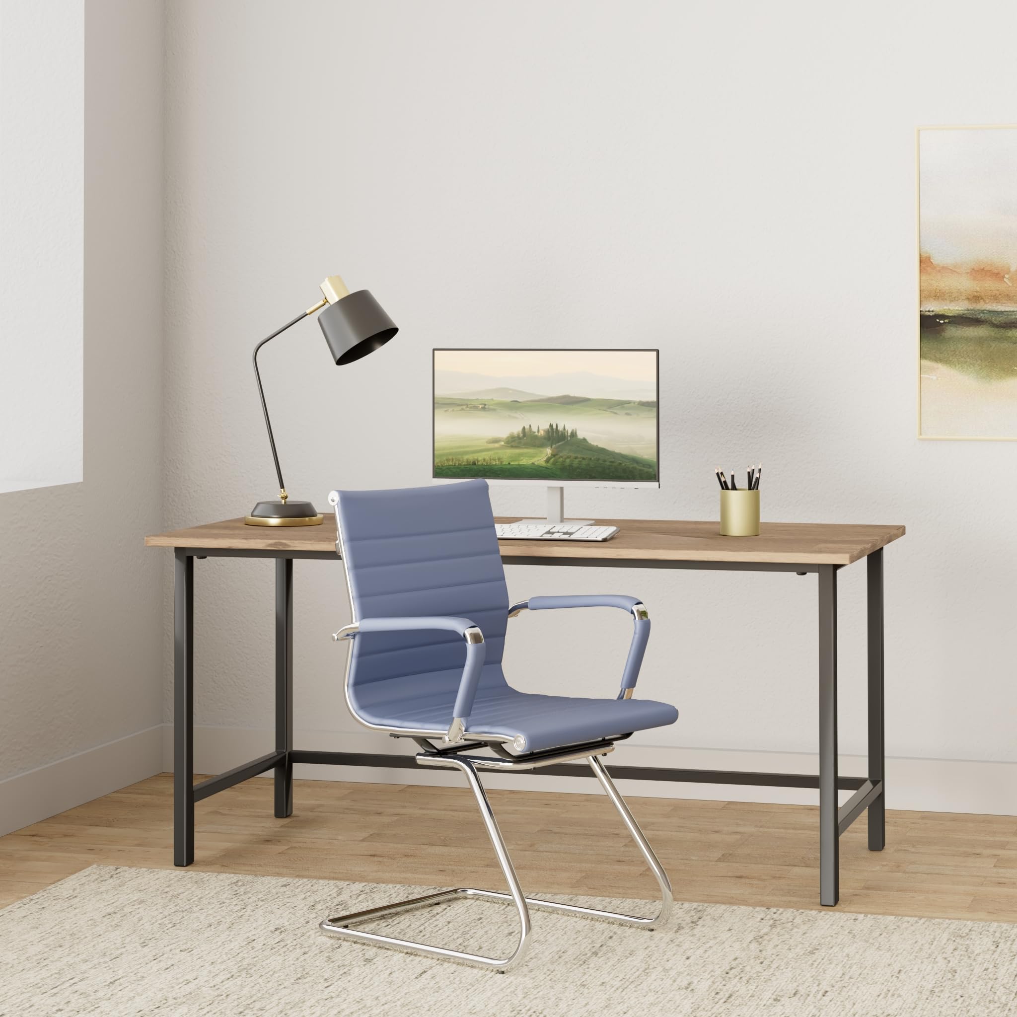 Wahson Office Guest and Reception Chairs - 2 Pack Leather Mid Back Sled Base Chairs Without Wheels for Meeting Room, Lobby, Restroom - Navy Blue | Perfect for Business Offices, Waiting Areas, and Conference Rooms