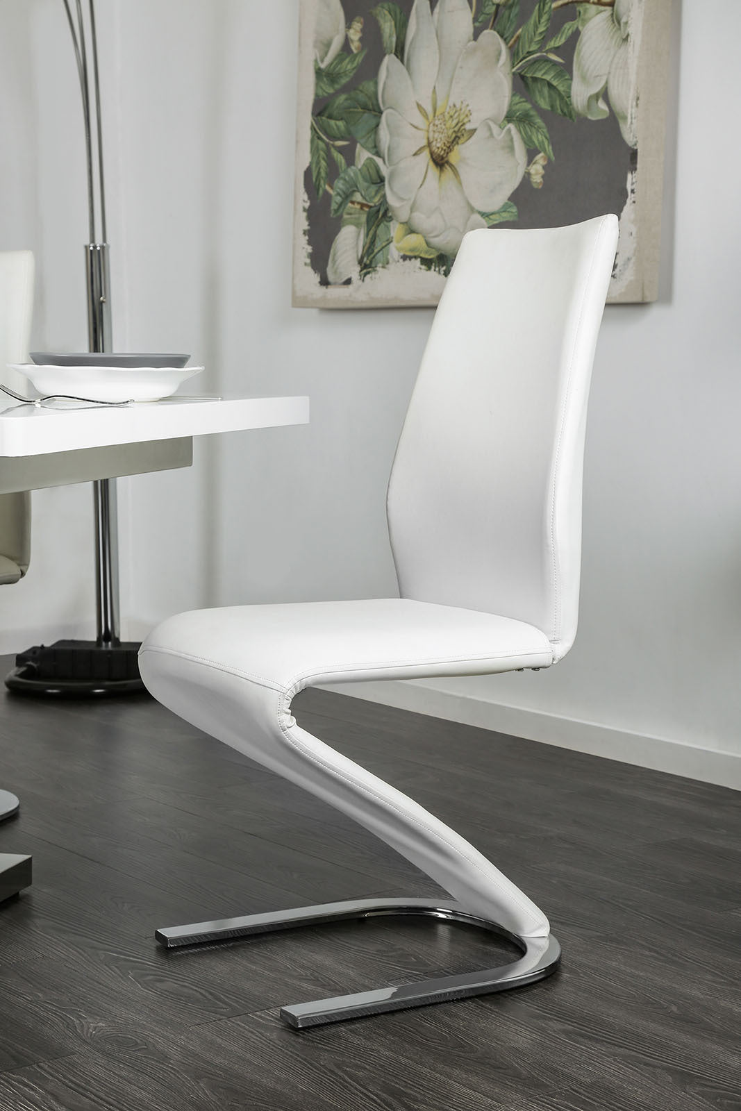 Modern Z-Shaped Chair Base - 2 Pack White Leatherette Dining Chairs with Chrome Finish | Contemporary Side Chairs for Dining Room, Kitchen, or Office Seating