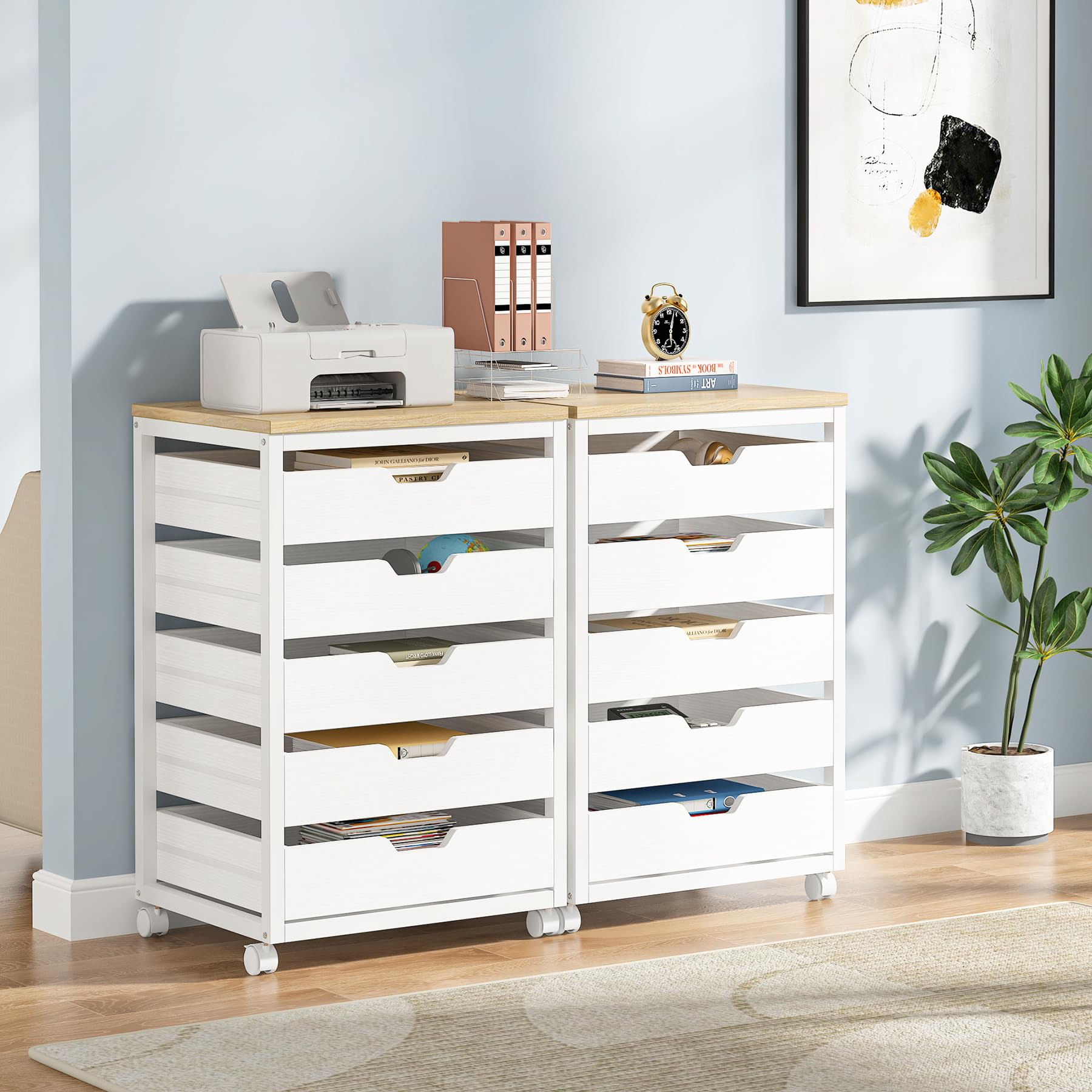 Tribesigns 5-Drawer File Cabinet - Wooden Mobile Storage Organizer with Wheels, Modern Office Cabinet with Drawers, Rolling Printer Stand for Home & Office Workspace (White) - Perfect for Document Storage, Printer Organization & Small Space Solutions