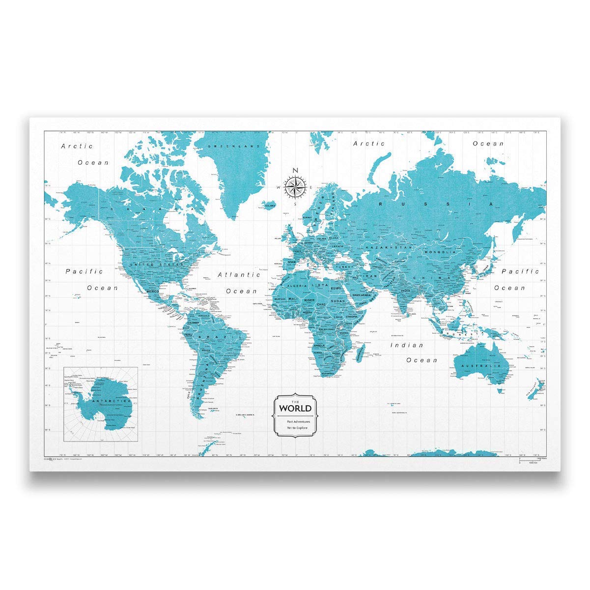 Handmade Push Pin World Map Board with Colorful Pins - Teal Color Splash Design - Mark Travel Destinations & Plan Adventures - Perfect for Home Office, Classroom Decor or Travel Enthusiast Gift - Made in USA