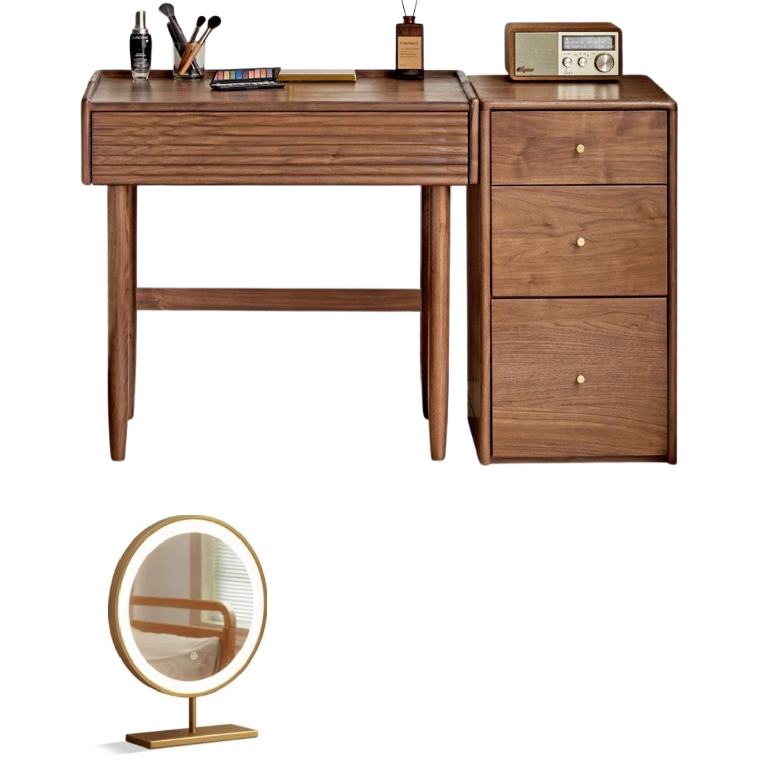 Premium Black Walnut Solid Wood Dressing Table Set with Mirror - Elegant Vanity Desk for Bedroom, Makeup & Beauty Organization