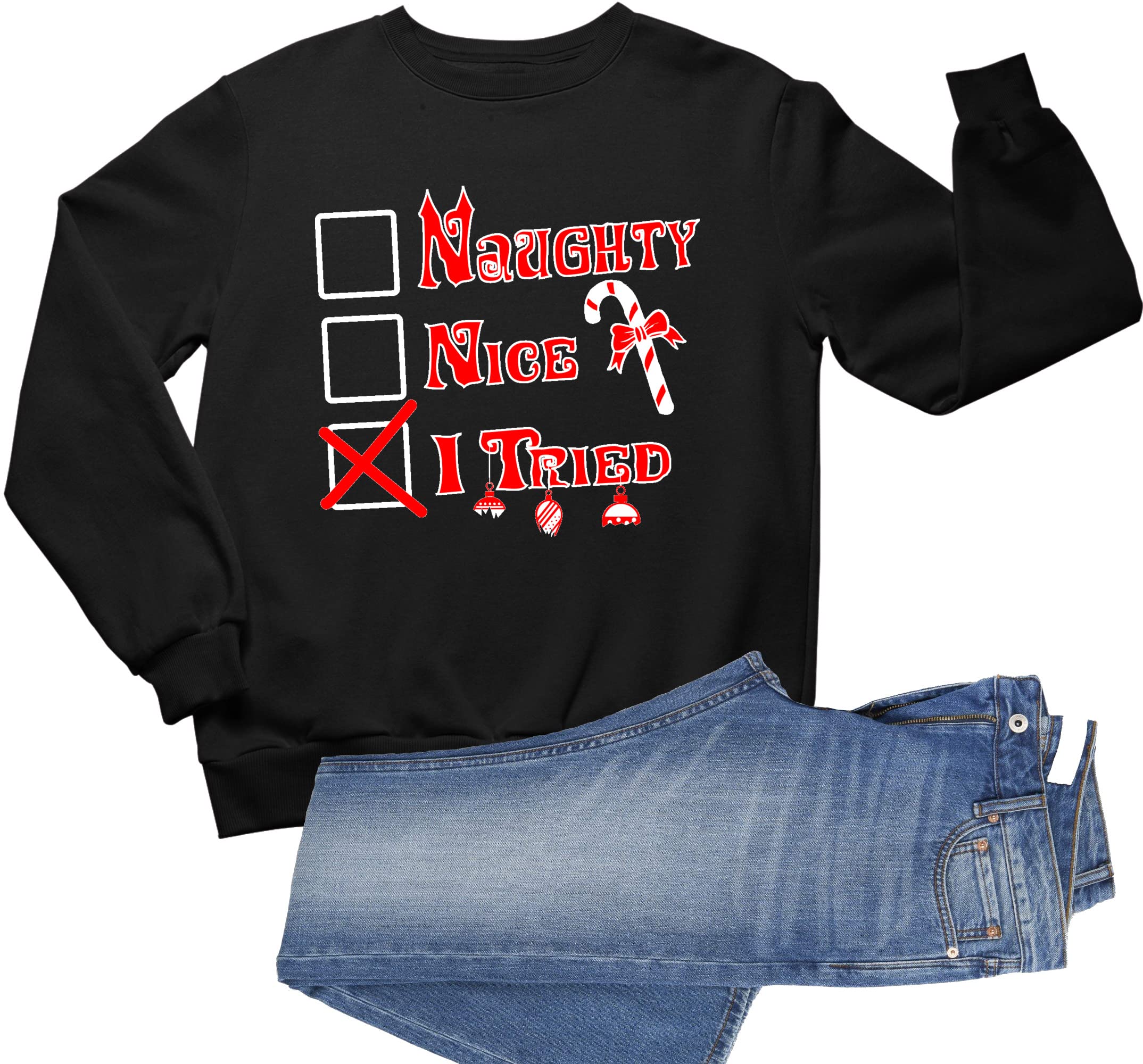 Funny Christmas Sweatshirt for Adults - Naughty & Nice Holiday Crewneck Pullover | Ugly Xmas Party Outfit, Office Gift Exchange, Festive Family Gathering