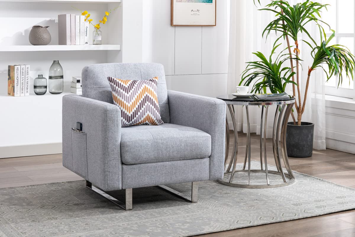 Lilola Home Victoria Light Gray Linen Fabric Armchair with Metal Legs, Side Pockets & Pillow - Modern Living Room Accent Chair for Reading Nook, Bedroom or Office
