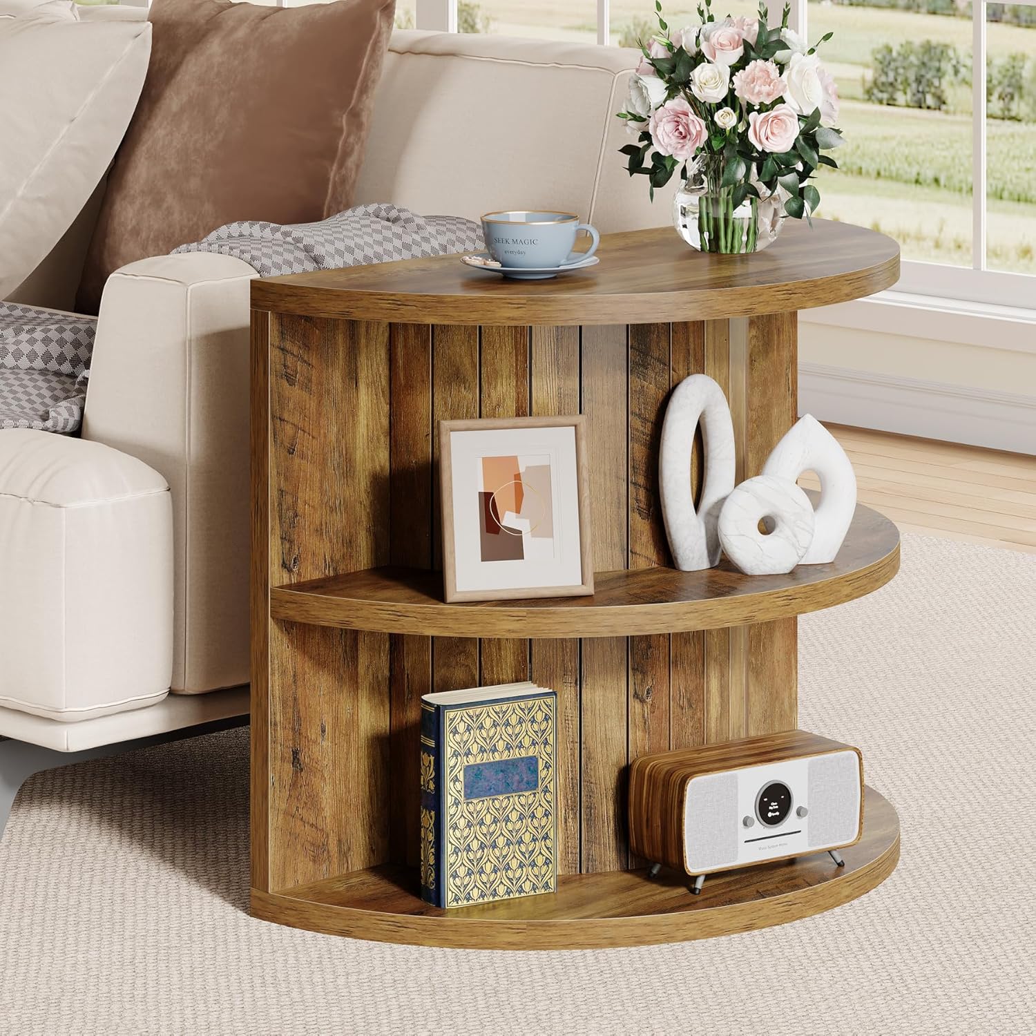 3 Tier End Table with Storage Shelves - Half Round Wooden Side Table for Living Room, Bedroom & Office - Compact Space-Saving Furniture for Small Apartments