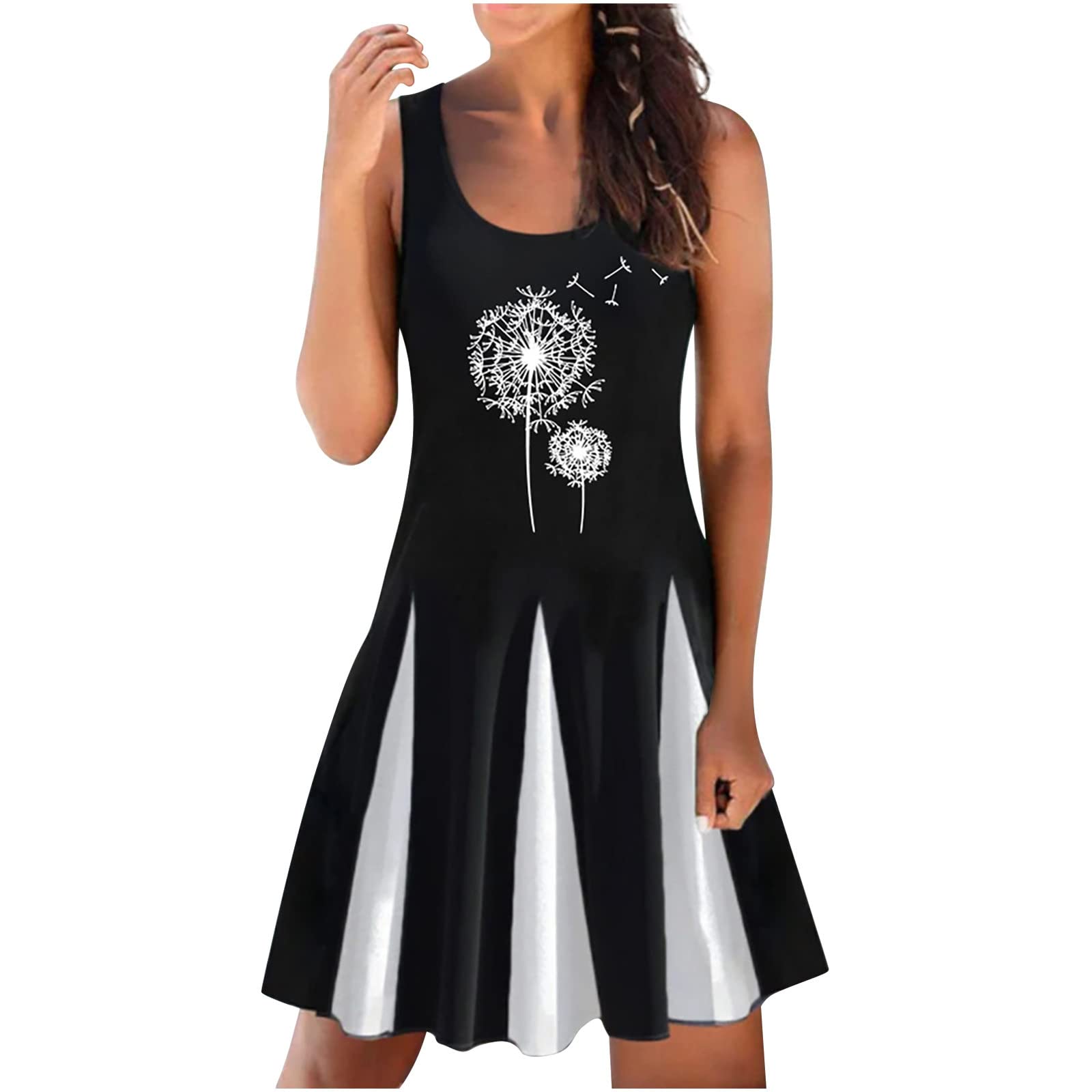 Women's Vintage Floral Sleeveless Midi Dress - Casual Summer Colorblock Loose Boatneck Dress for Beach, Party & Everyday Wear