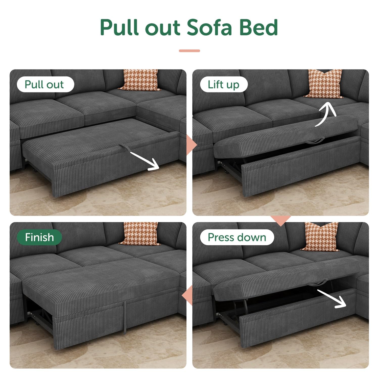 HONBAY Modular Sectional Sleeper Sofa with Pull Out Bed - L Shaped Corduroy Couch with Storage Seats, Convertible Sectional Sofa for Living Room, Dark Grey - Perfect for Small Spaces, Guest Rooms & Apartments