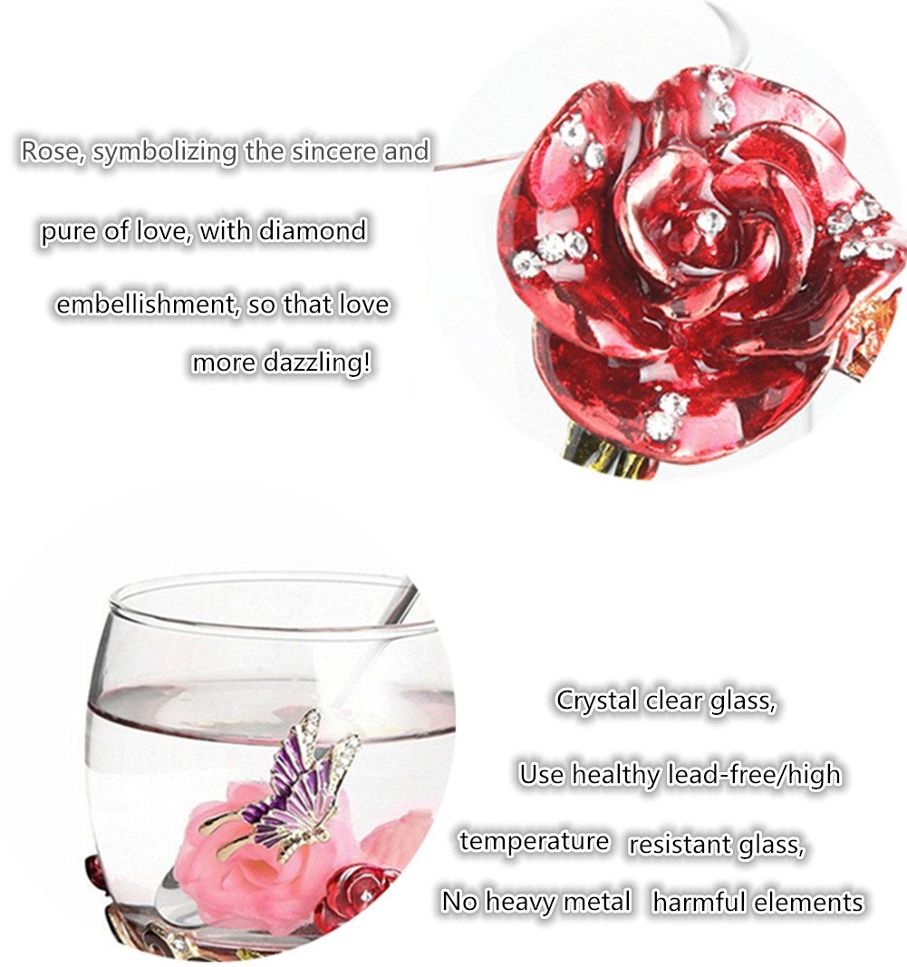 Handmade Butterfly Rose Glass Coffee Mug - 12 oz Tea Cup for Mother's Day, Wedding Anniversary & Birthday Gifts - Perfect for Home, Office & Cafe Use (Rose Design)